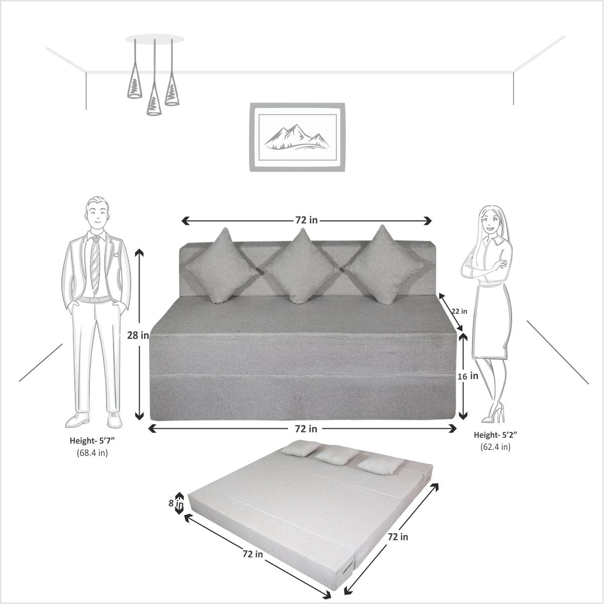 Rejoice Sofa Cum Bed Cover - 3 Seater, Plain Cushion ( Jute Fabric,  Light Grey )