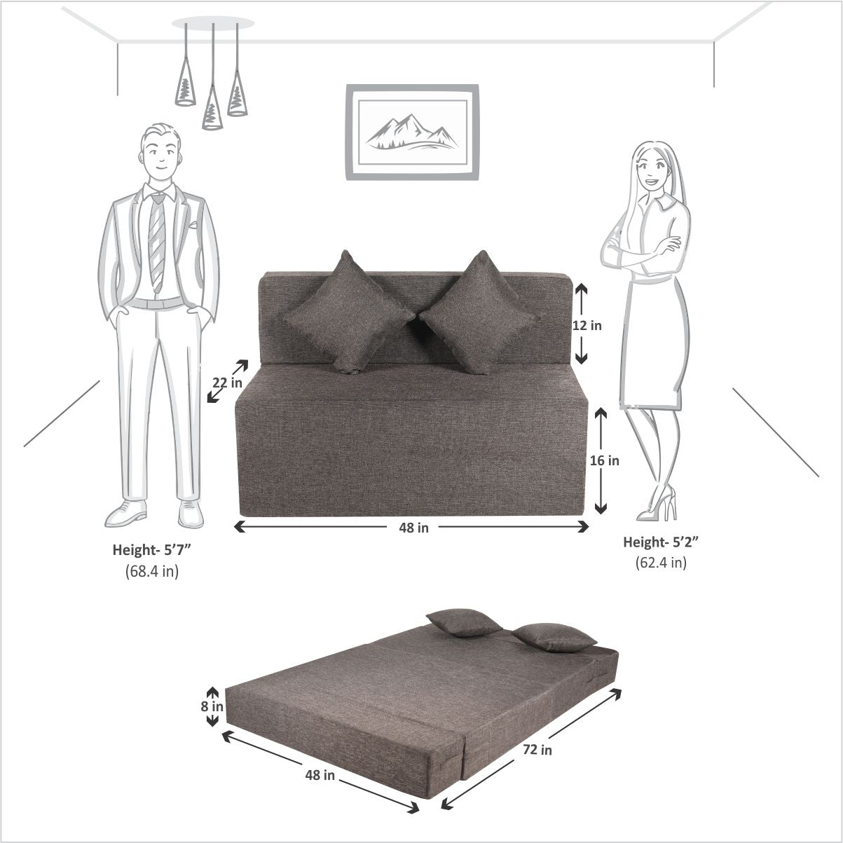 Rejoice Sofa Cum Bed - 2  Seater, Plain Cushion ( Jute Fabric,  Brown )