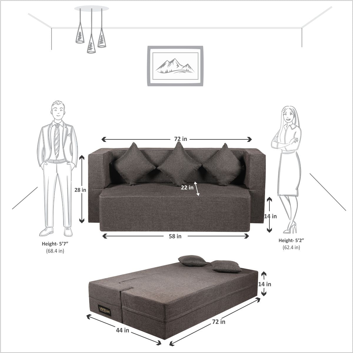 Flipper X Sofa Cum Bed - 3 Seater, Plain Cushion ( Jute Fabric, Brown )