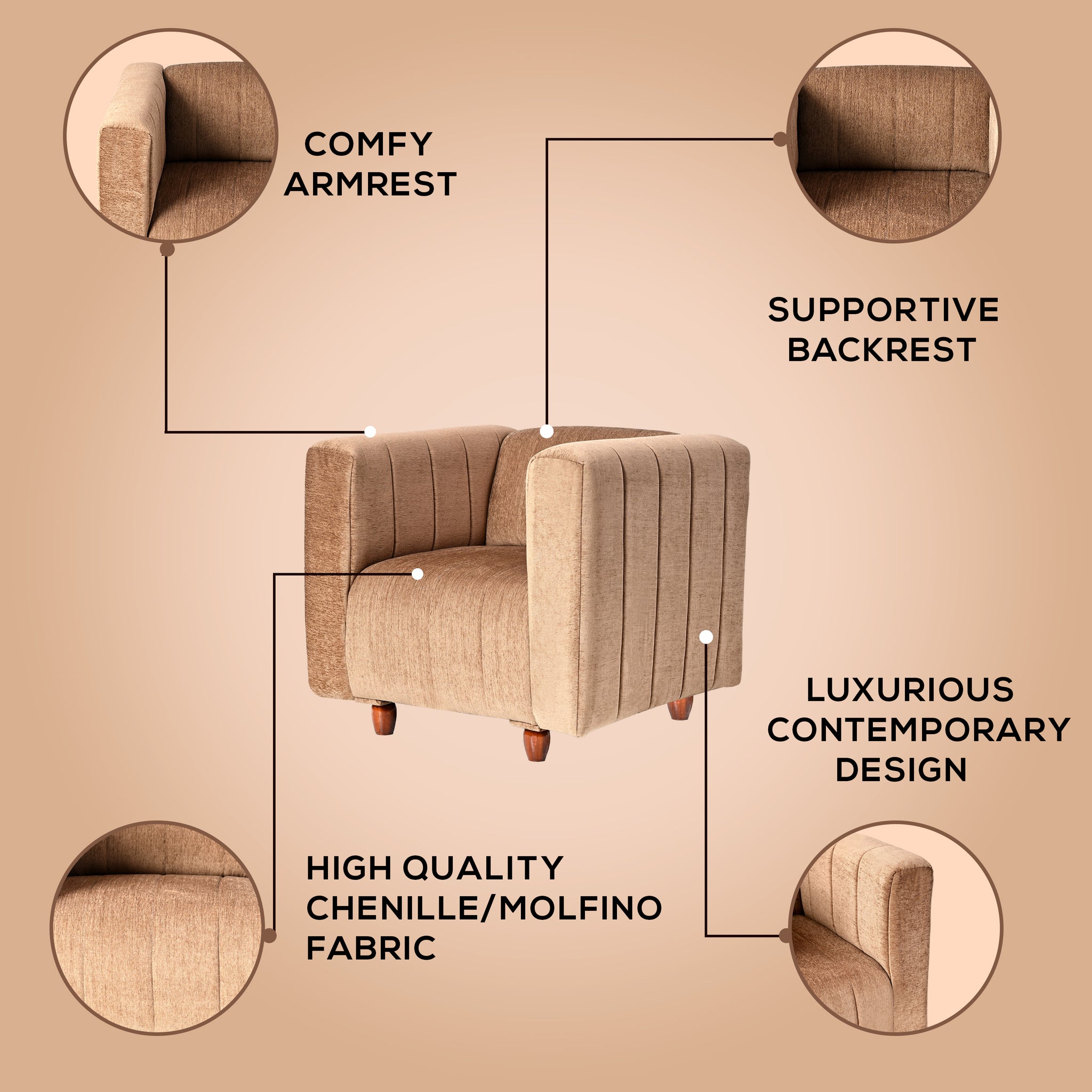 Tokyo 1 Seater Sofa - ( Premium Molfino Fabric- Beige )
