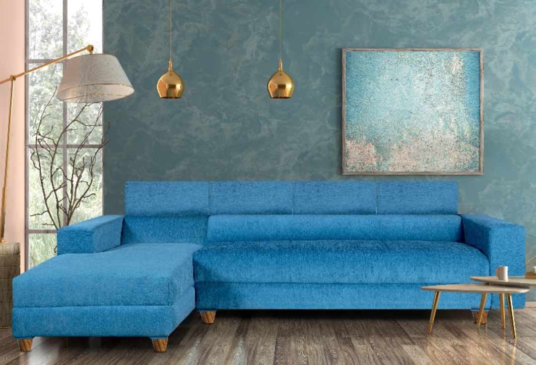 Berlin 6 Seater Sofa, Extra Spacious, Chenille Molfino Fabric with 3 Years Warranty( Finish Color - Sky Blue, Style - Left Corner Sofa)