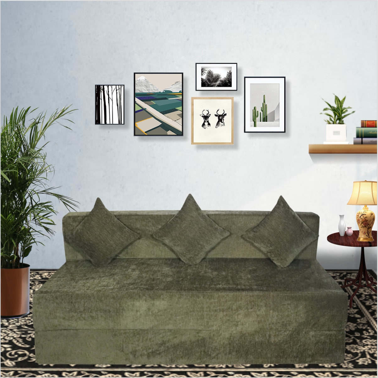 Rejoice Sofa Cum Bed - 3 Seater, Plain Cushion ( Premium Molfino Fabric, Green )