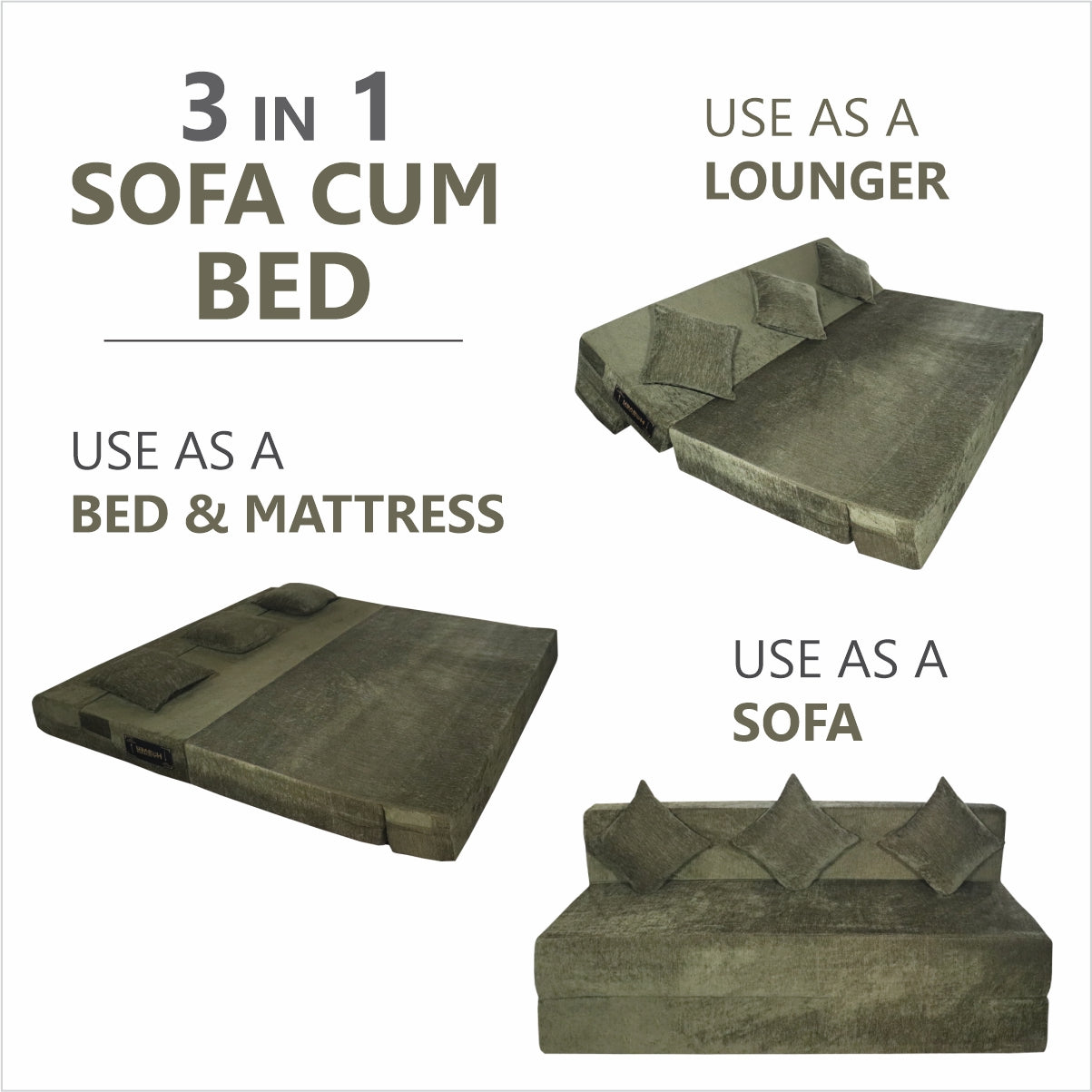 Rejoice Sofa Cum Bed - 3 Seater, Plain Cushion ( Premium Molfino Fabric, Green )