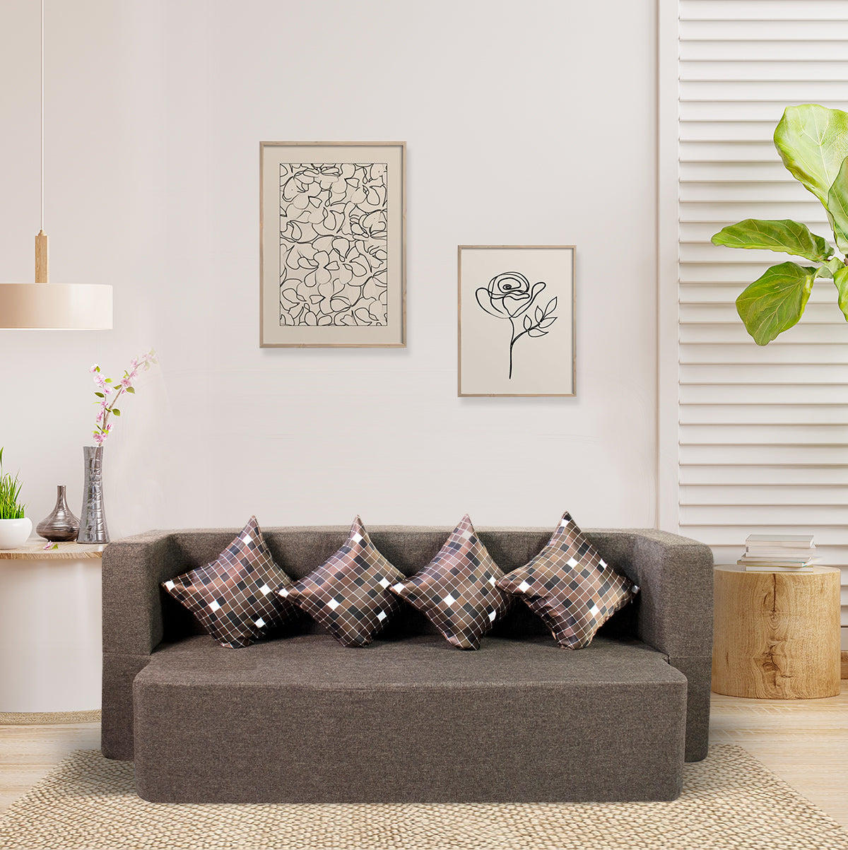 Flipper X Sofa Cum Bed - 4  Seater, Printed Cushion ( Jute Fabric, Brown )