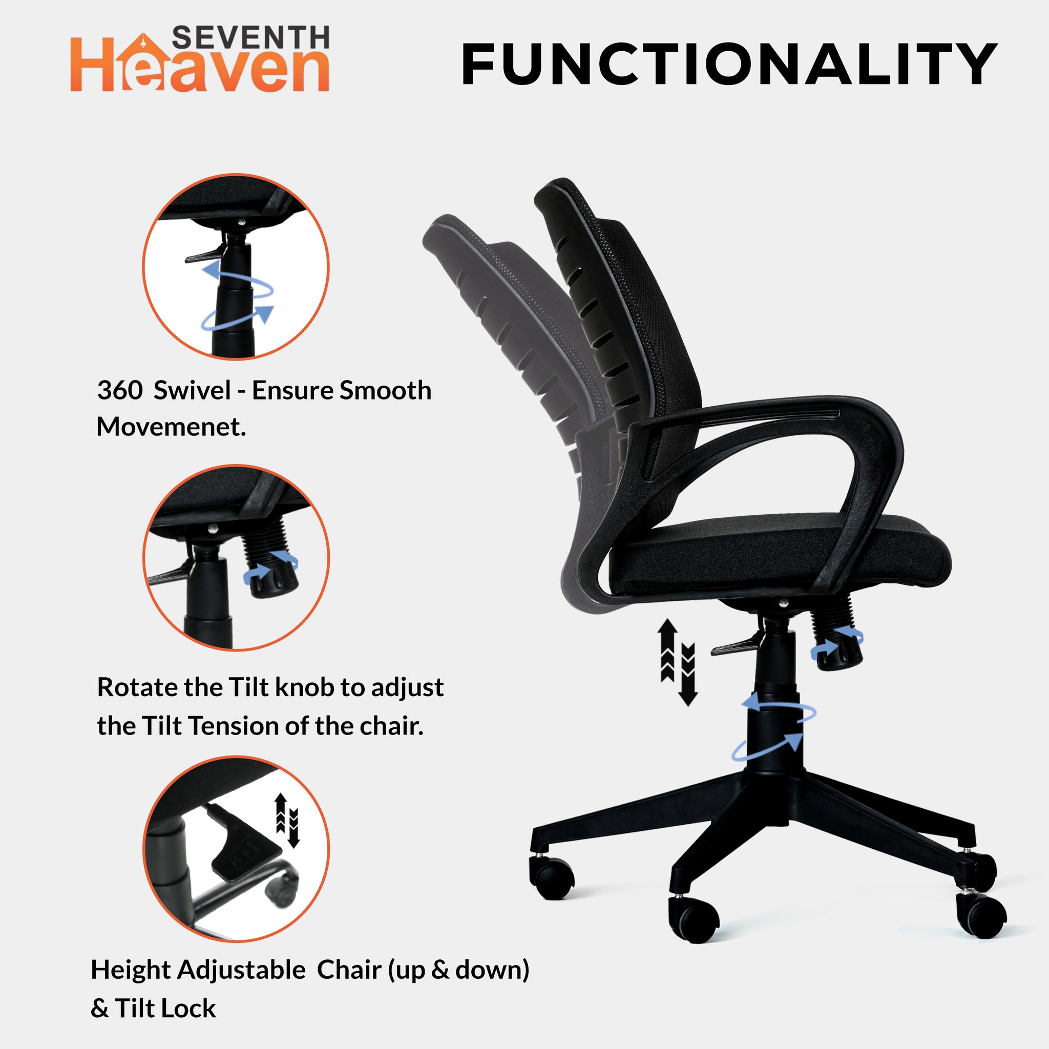 Seventh Heaven Blaze Mid Back c Office Chair for Work from Home | Study Chair | Revolving Chair | Computer Chair : 3 years warranty ( Heavy Duty Powder Nylone Base, Black )