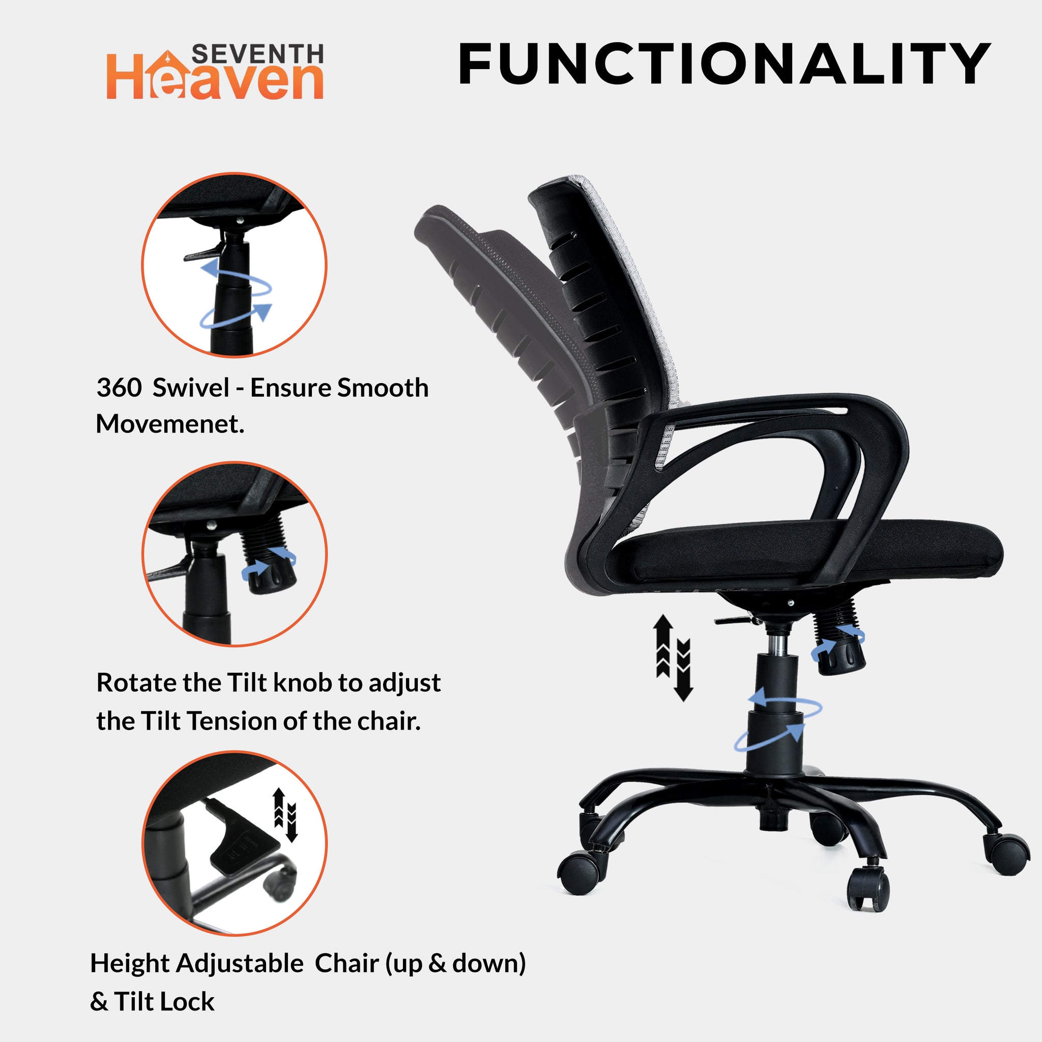 Seventh Heaven Blaze Mid Backc Office Chair for Work from Home | Study Chair | Revolving Chair | Computer Chair : 3 years warranty ( Heavy Duty Powder Metal Base, Black-Grey Back )