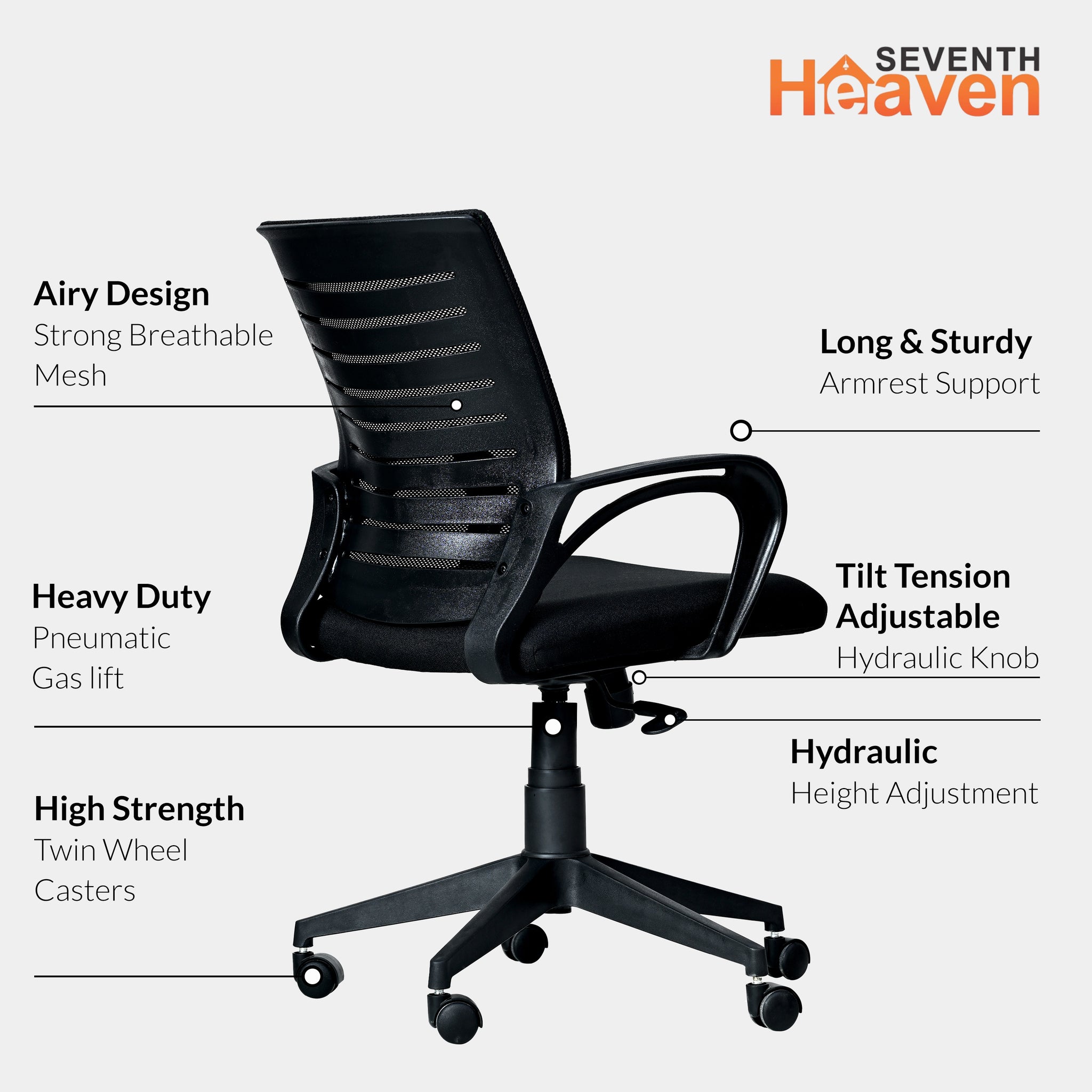 Seventh Heaven Blaze Mid Back c Office Chair for Work from Home | Study Chair | Revolving Chair | Computer Chair : 3 years warranty ( Heavy Duty Powder Nylone Base, Black )