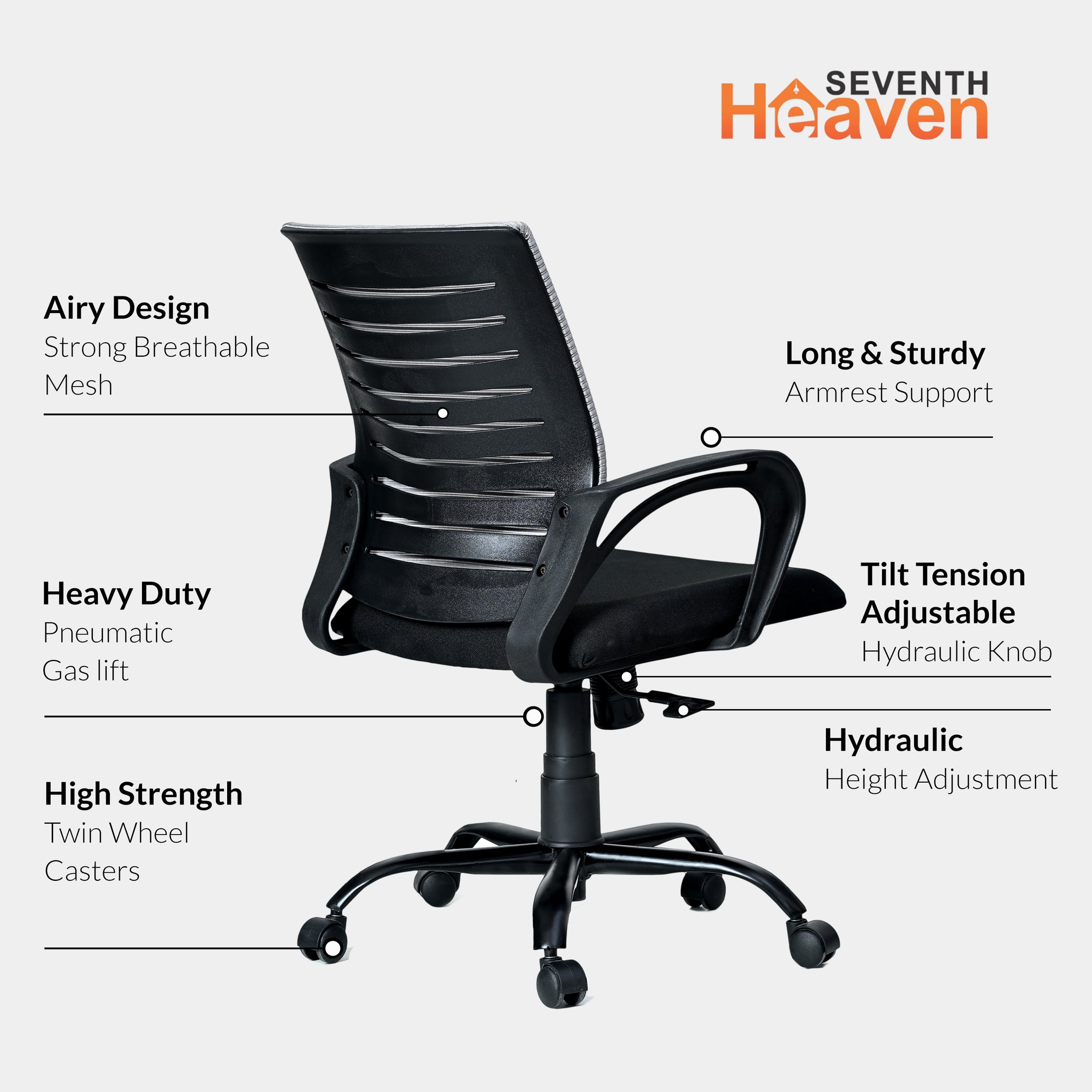 Seventh Heaven Blaze Mid Backc Office Chair for Work from Home | Study Chair | Revolving Chair | Computer Chair : 3 years warranty ( Heavy Duty Powder Metal Base, Black-Grey Back )