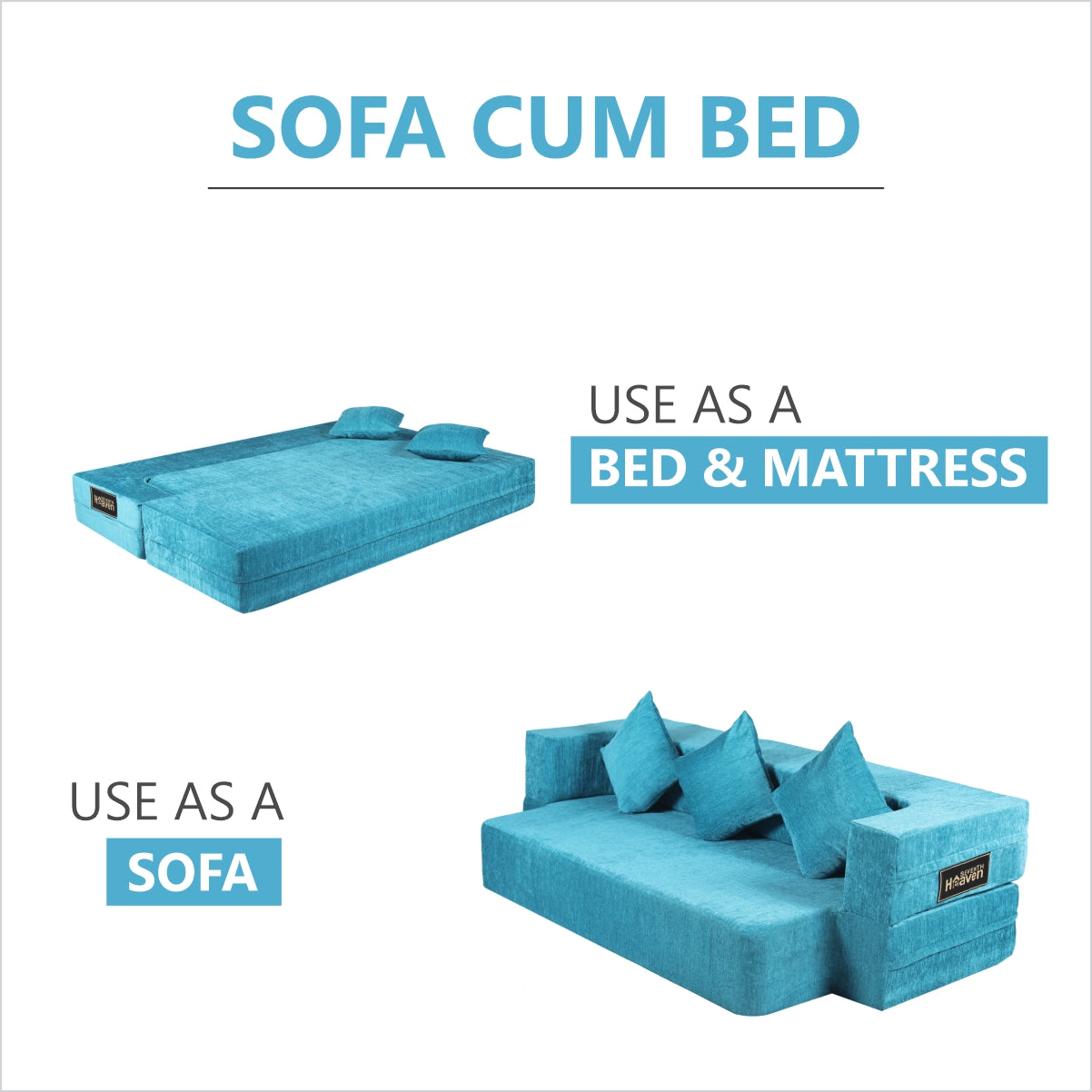 Flipper X Sofa Cum Bed (Memory Foam)- 3 Seater, Plain Cushions ( Premium Molfino Fabric- Sky Blue )