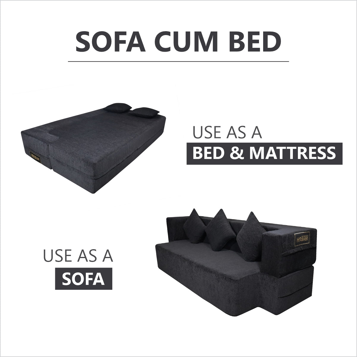 Flipper X Sofa Cum Bed (Memory Foam)- 3 Seater, Plain Cushions (Premium Molfino Fabric-  Black )