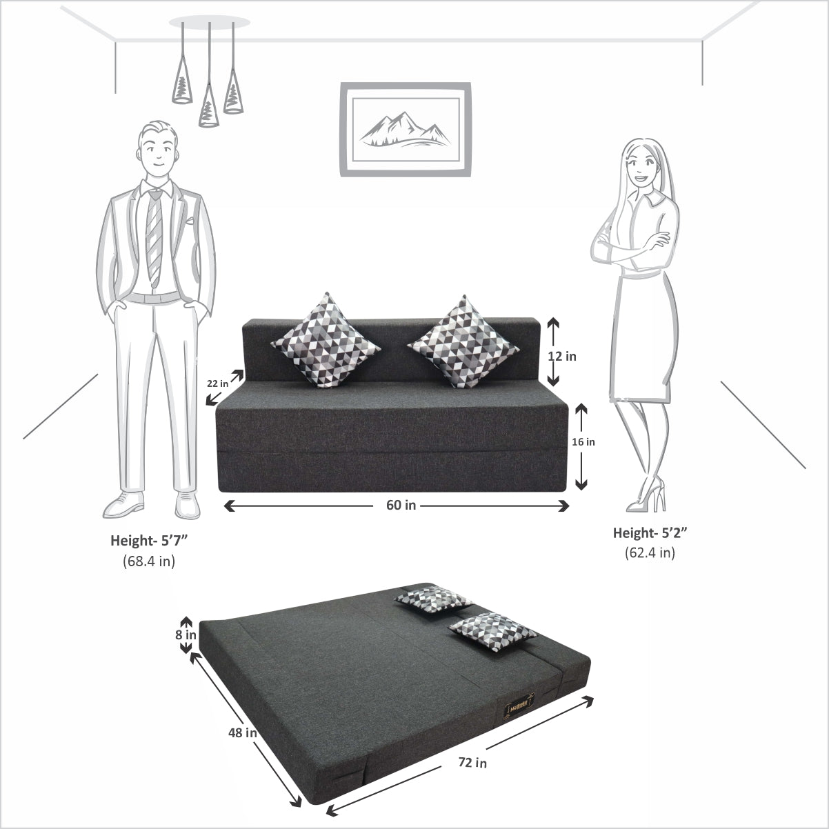 Rejoice Sofa Cum Bed - 3 Seater, Printed Cushion ( Jute Fabric, Grey )