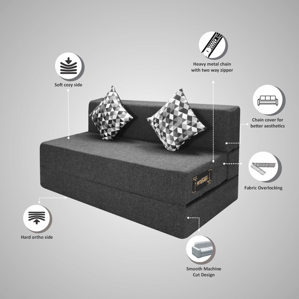 Rejoice Sofa Cum Bed - 3 Seater, Printed Cushion ( Jute Fabric, Grey )