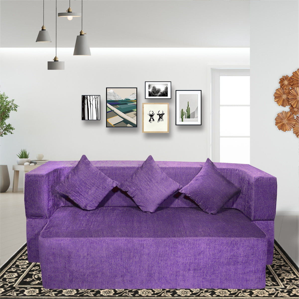 Flipper X Sofa Cum Bed - 3  Seater, Plain Cushion ( Premium Molfino Fabric, Purple)