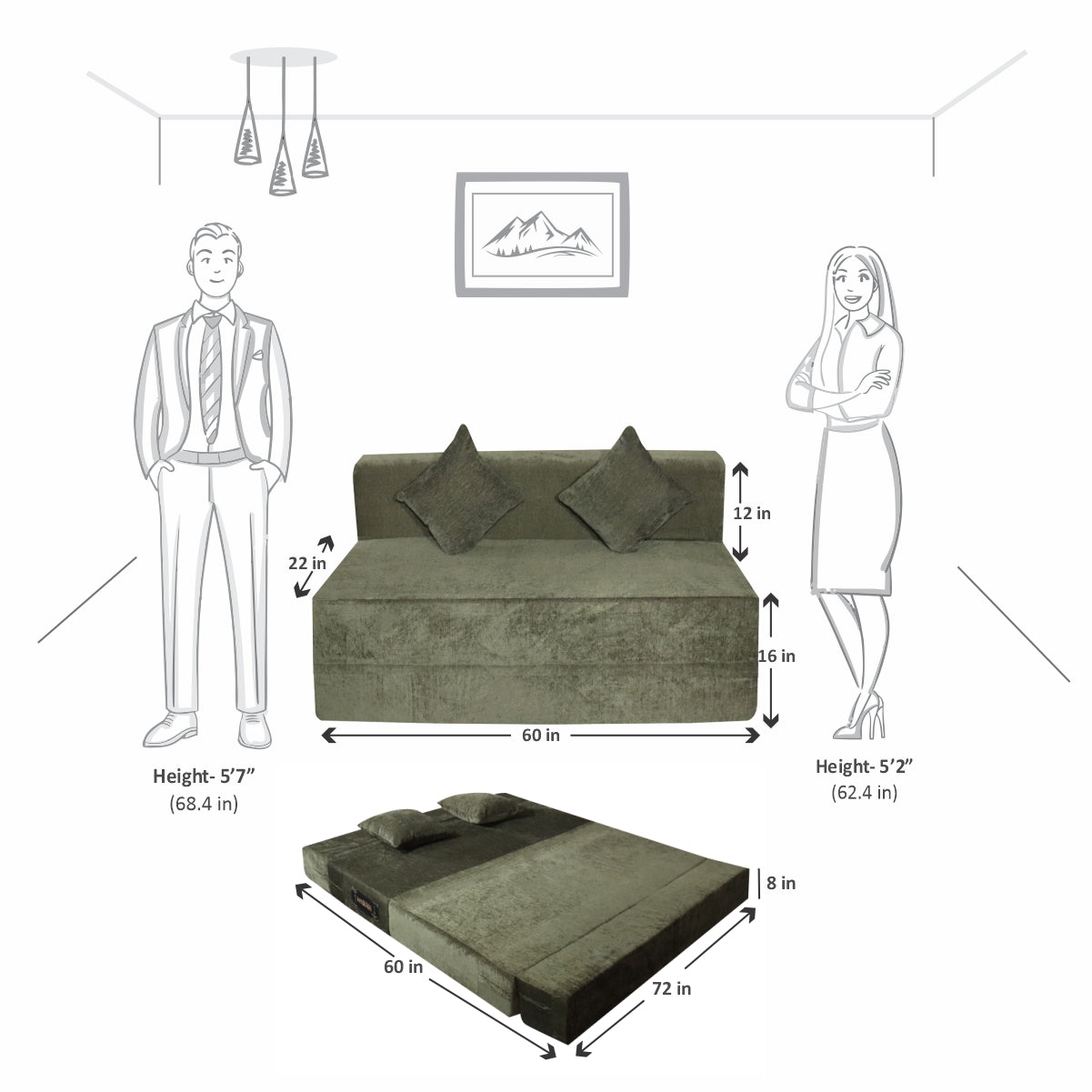 Rejoice Sofa Cum Bed Cover - 3 Seater, Plain Cushion ( Premium Molfino Fabric,  Green )