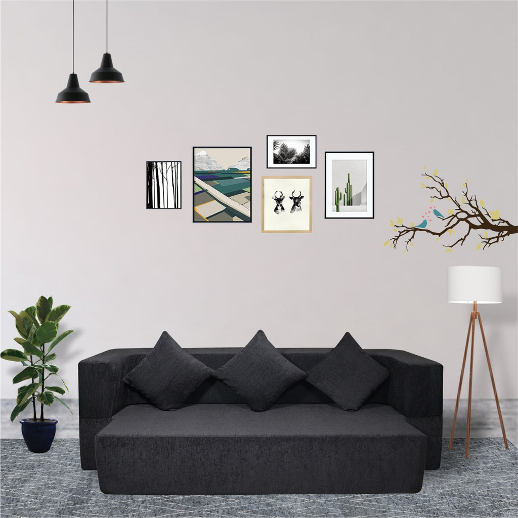 Flipper X Sofa Cum Bed (Memory Foam)- 3 Seater, Plain Cushions (Premium Molfino Fabric-  Black )