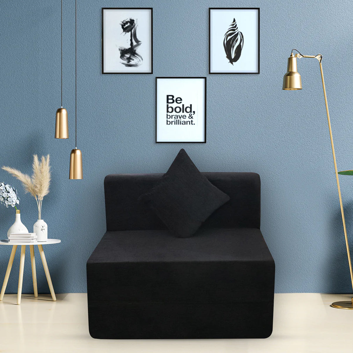 Rejoice Sofa Cum Bed - 1 Seater, Plain Cushion ( Premium Molfino Fabric, Blackl )
