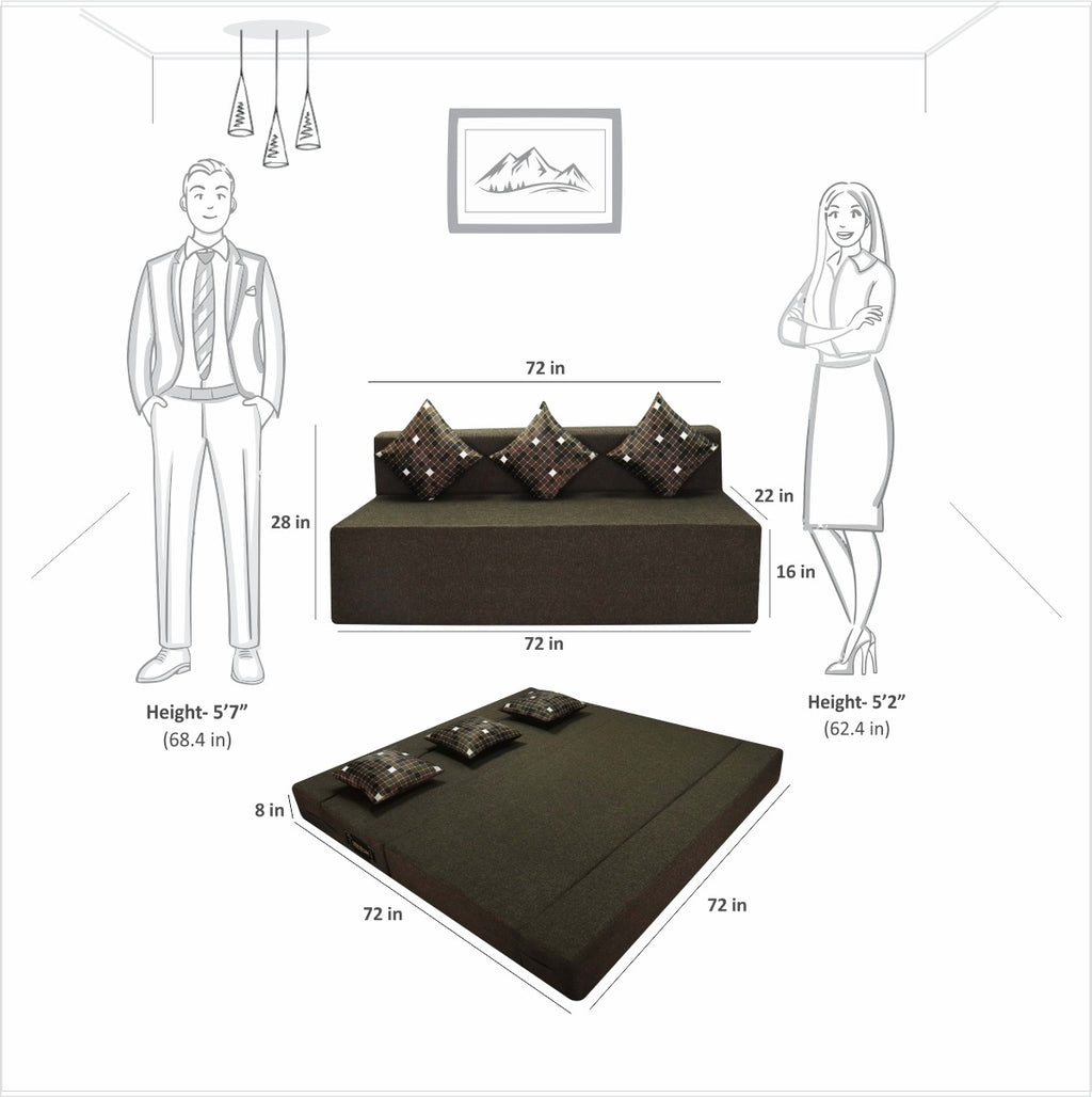 Rejoice Sofa Cum Bed - 3 Seater, Printed Cushion ( Jute Fabric, Brown )