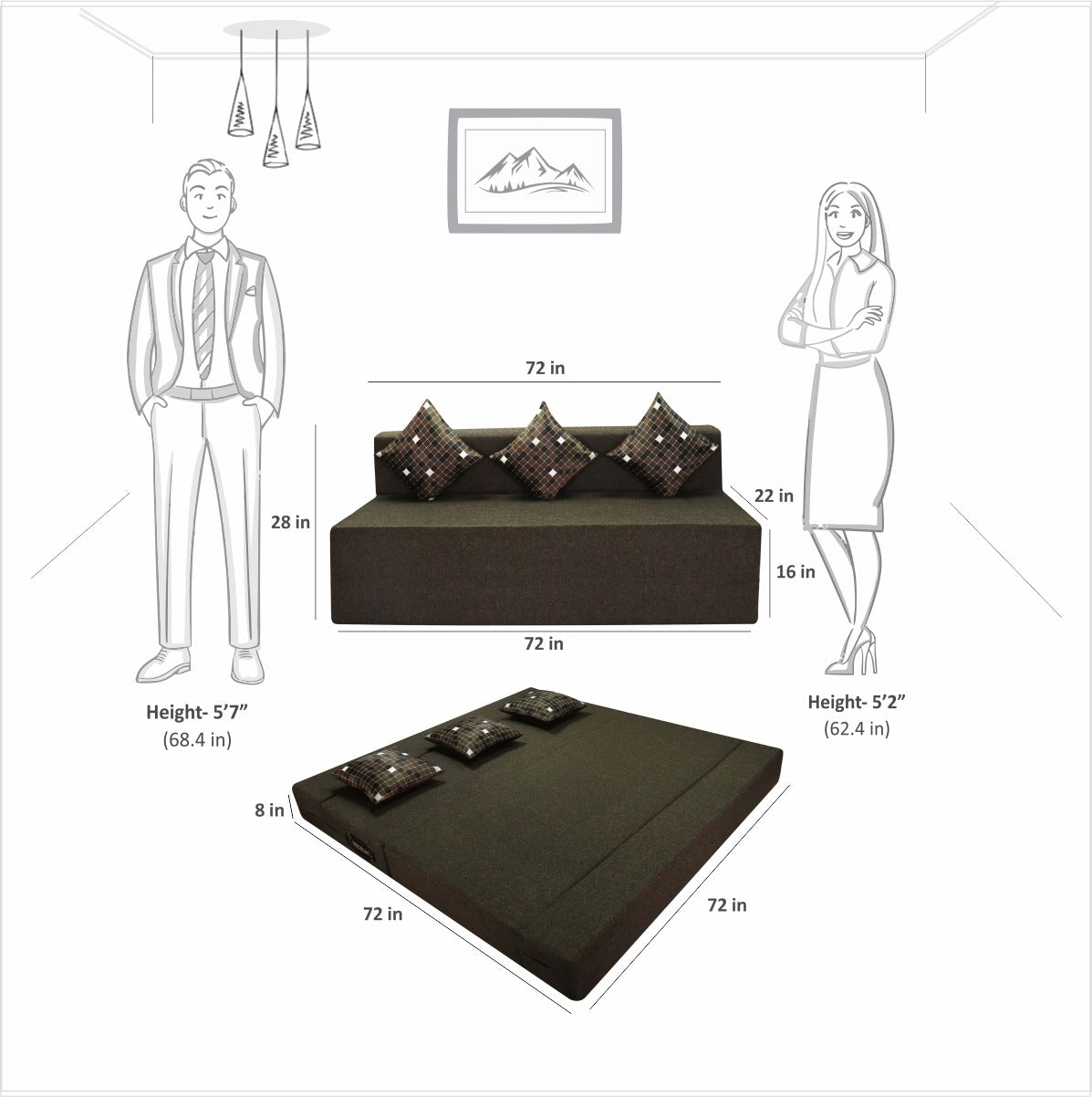 Rejoice Sofa Cum Bed - 3 Seater, Printed Cushion ( Jute Fabric, Brown )