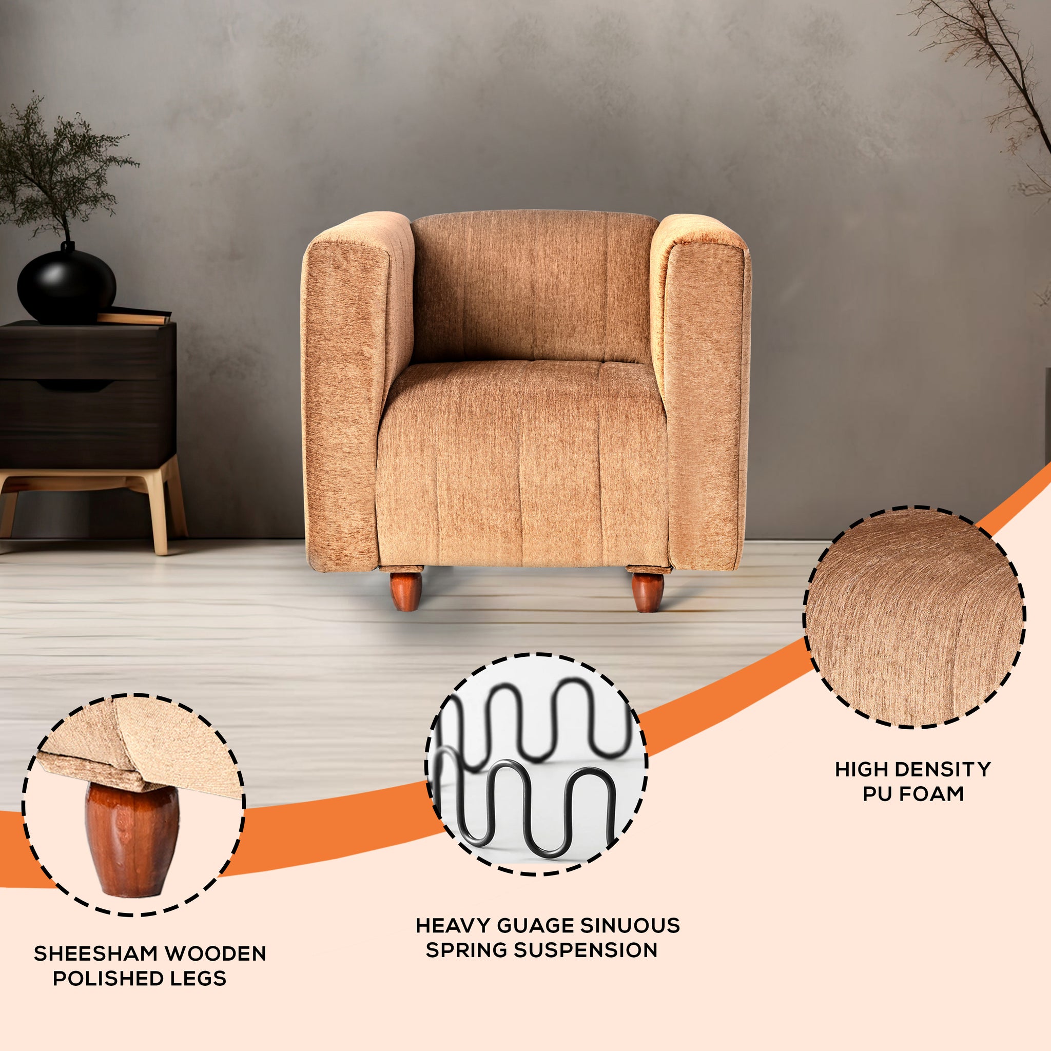 Tokyo 1 Seater Sofa - ( Premium Molfino Fabric- Beige )