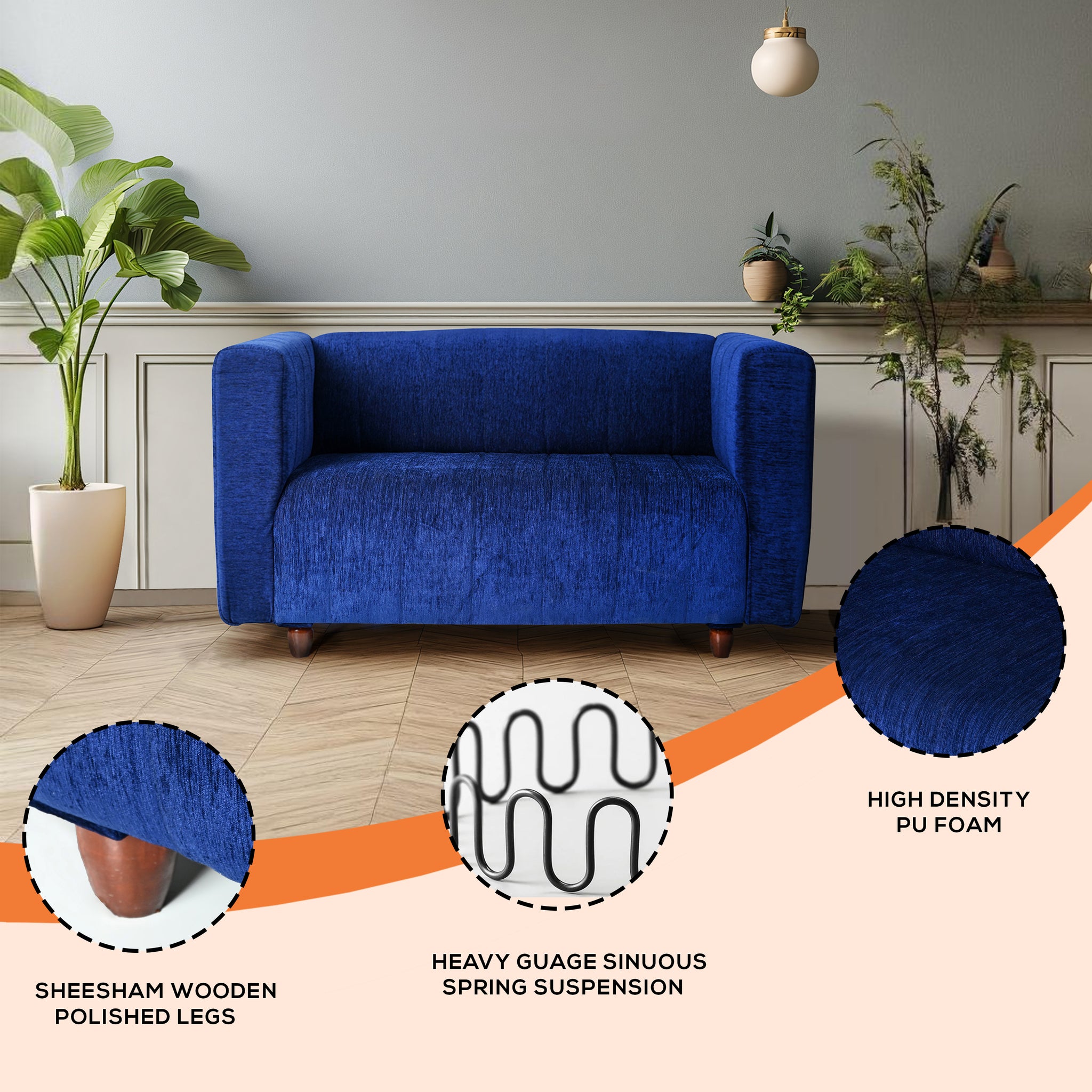 Seventh Heaven Tokyo 2 Seater Sofa, Extra Spacious, Chenille Molfino Fabric: 2 Year Warranty Fabric 2 Seater Sofa Dark blue (Finish Color -Blue, DIY(Do-It-Yourself)