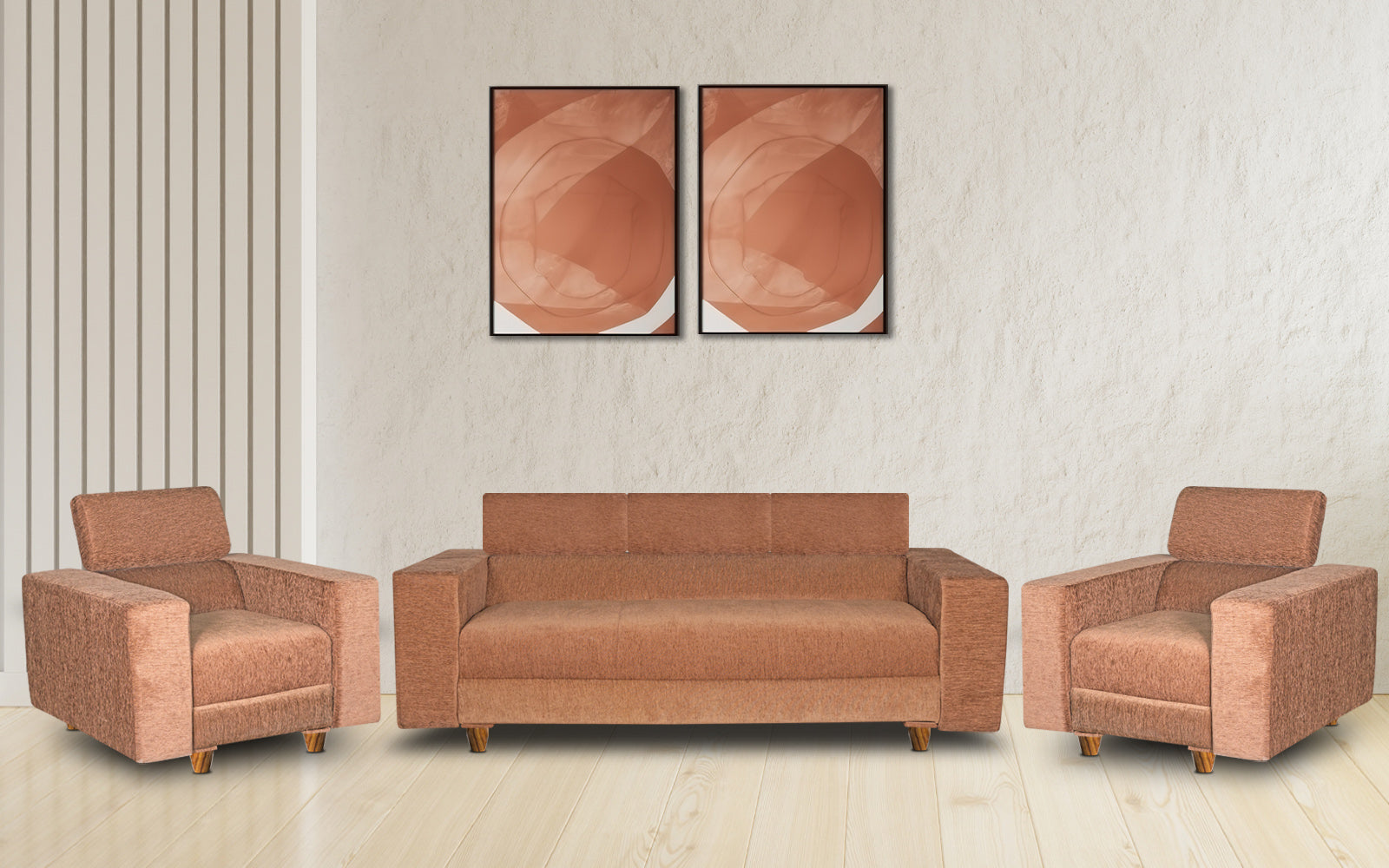 Berlin 5 Seater Sofa Set, Chenille Molfino Fabric (Finish Color - Beige, Style - 3 + 1+ 1)
