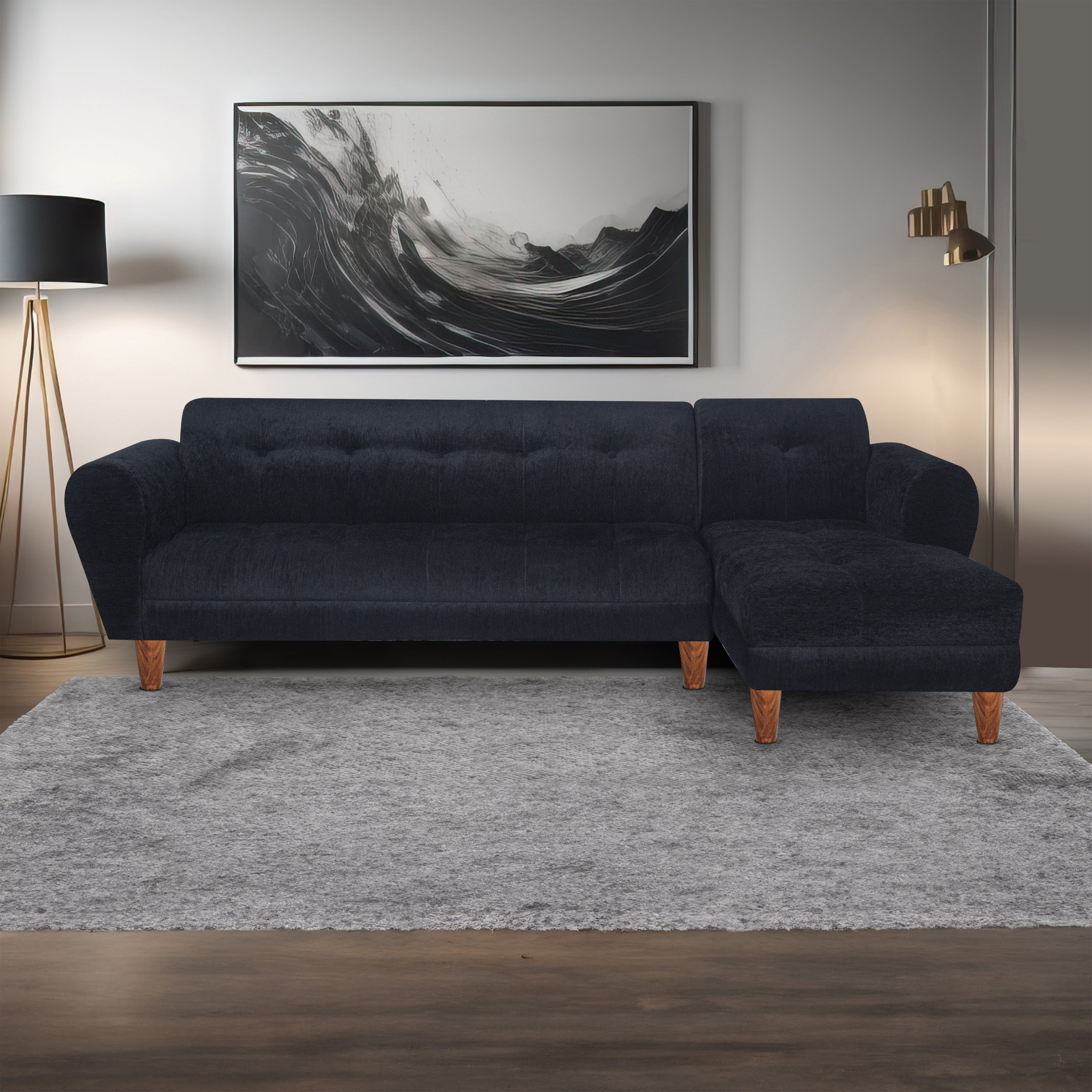 Milan 6 Seater Sofa Right Corner- ( Premium Molfino Fabric- Black )