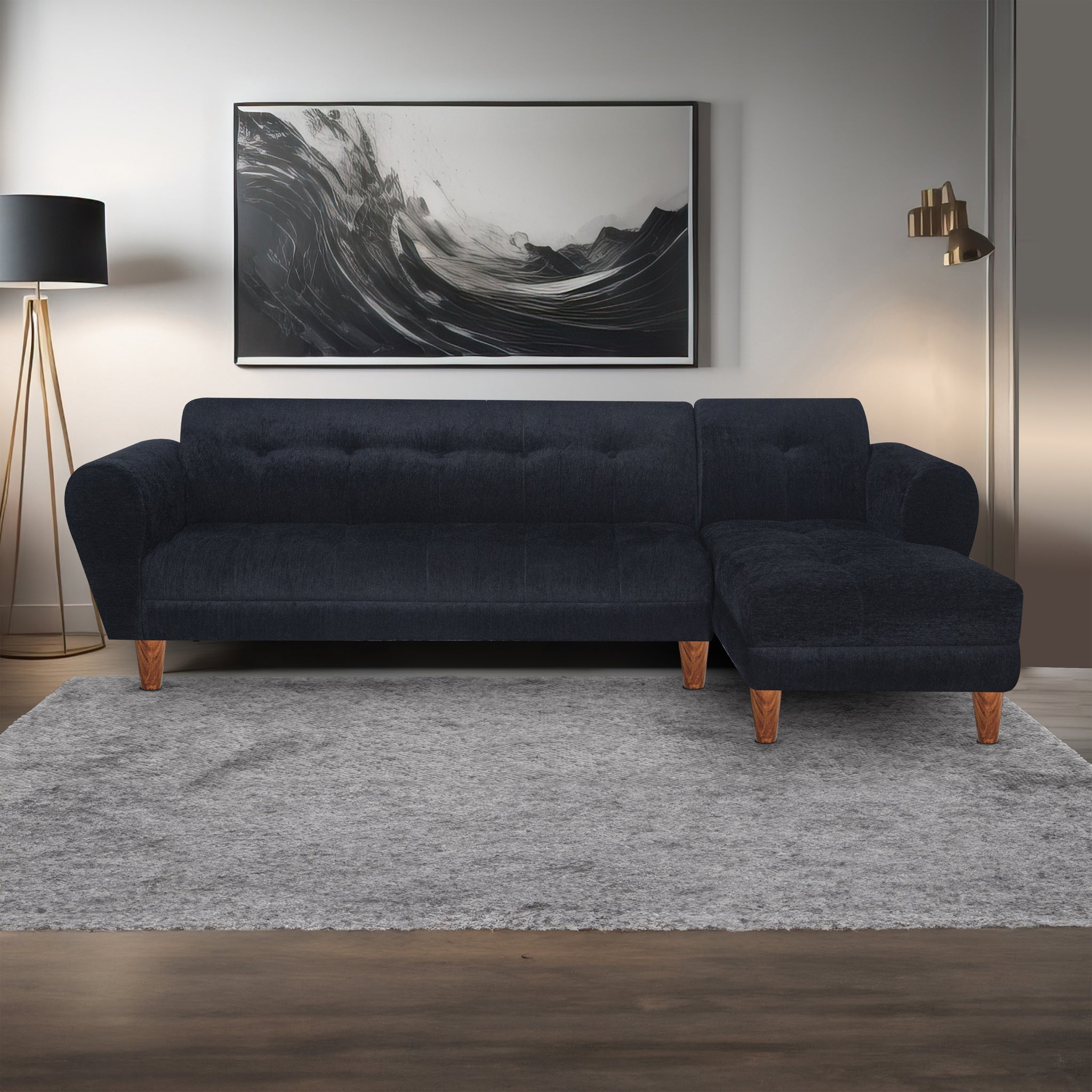 Milan 6 Seater Sofa Right Corner- ( Premium Molfino Fabric- Black )