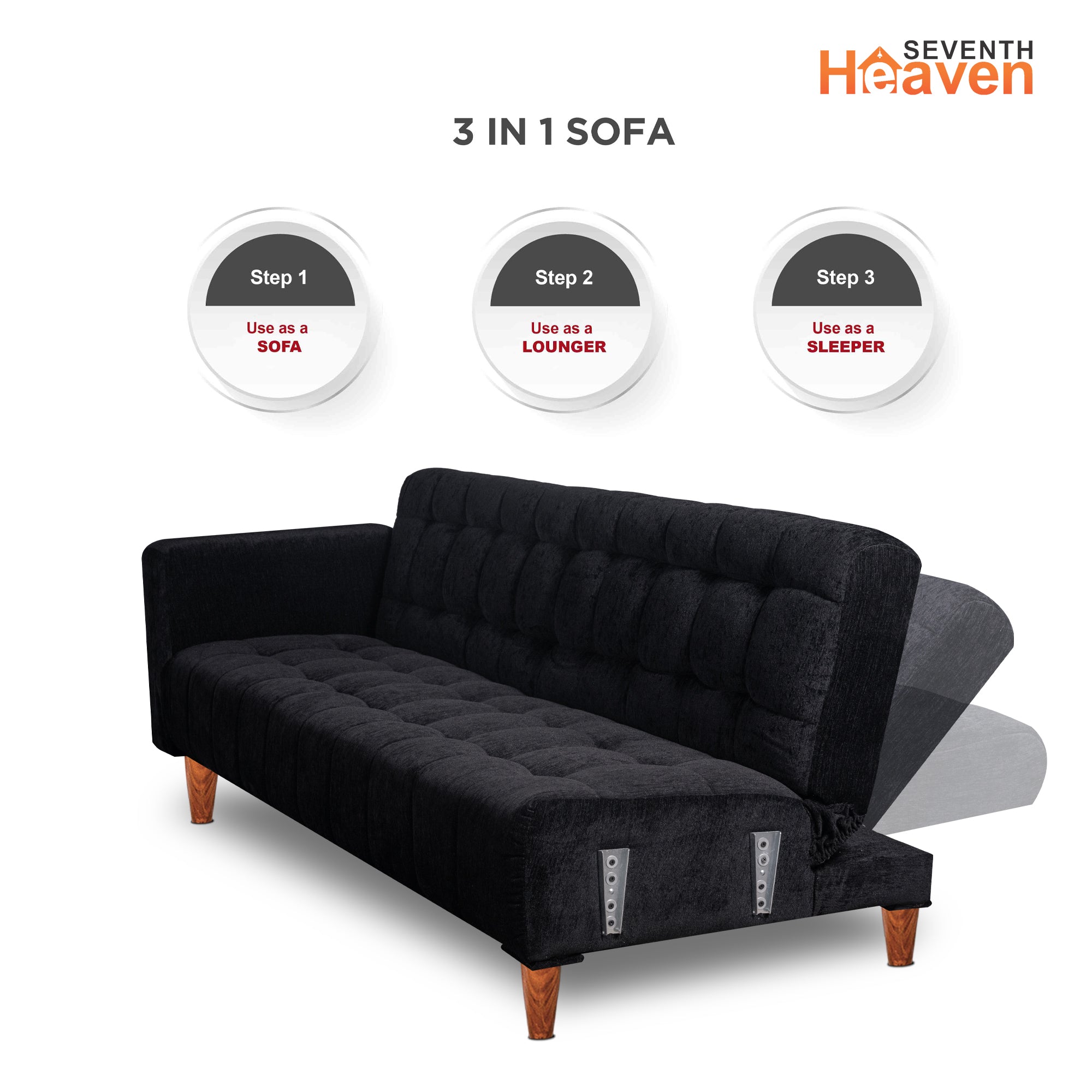 Seventh Heaven 4 Seater Wooden Sofa cum Bed, Chenille Molfino Fabric 72x36x16: 3 Year Warranty 4 Seater Single Solid Wood Pull Out Sofa Cum Bed  (Finish Color - Black Delivery Condition - DIY(Do-It-Yourself))