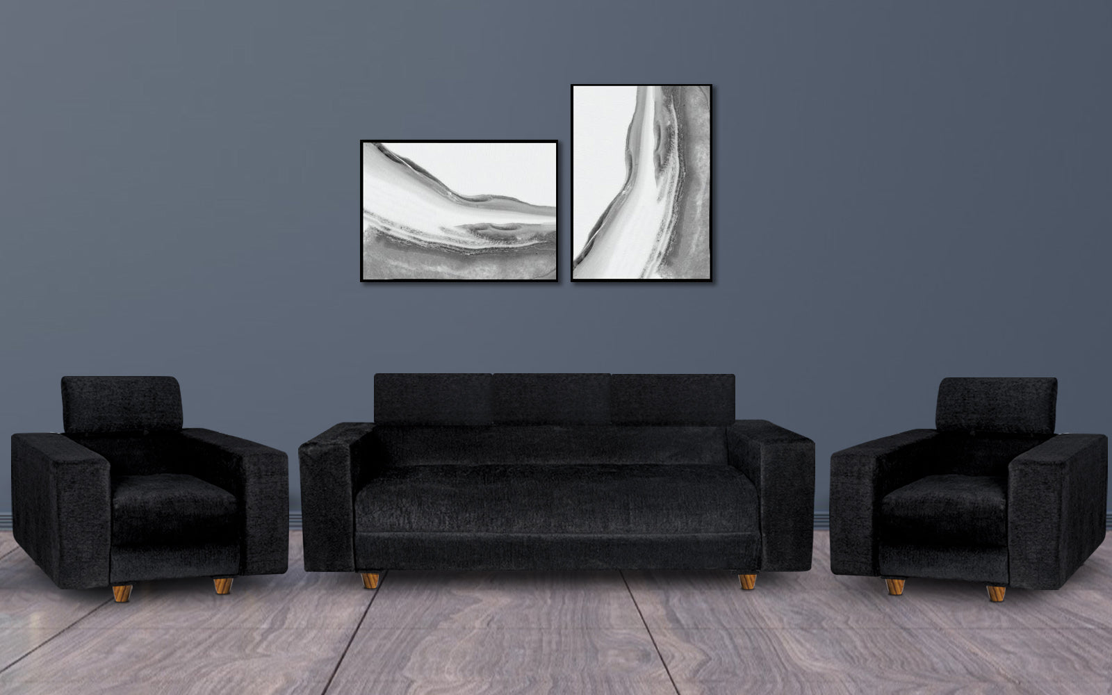 Berlin 5 Seater Sofa Set, Chenille Molfino Fabric (Finish Color - Black, Style - 3 + 1+ 1)