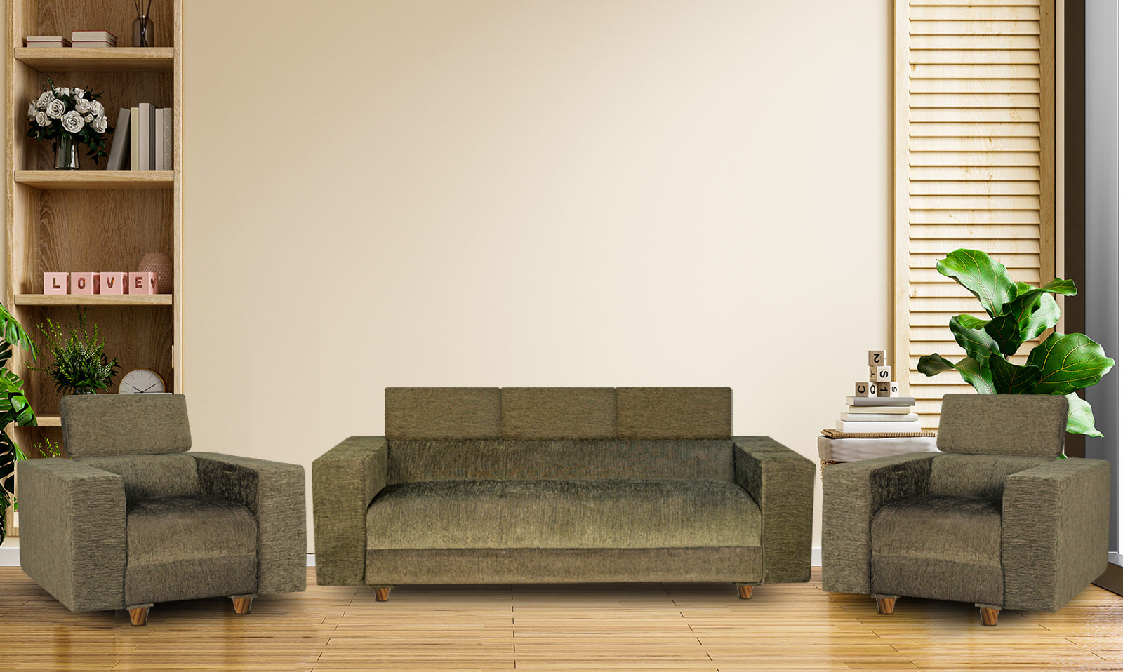Berlin 5 Seater Sofa Set, Chenille Molfino Fabric (Finish Color -Green, Style - 3 + 1+ 1)