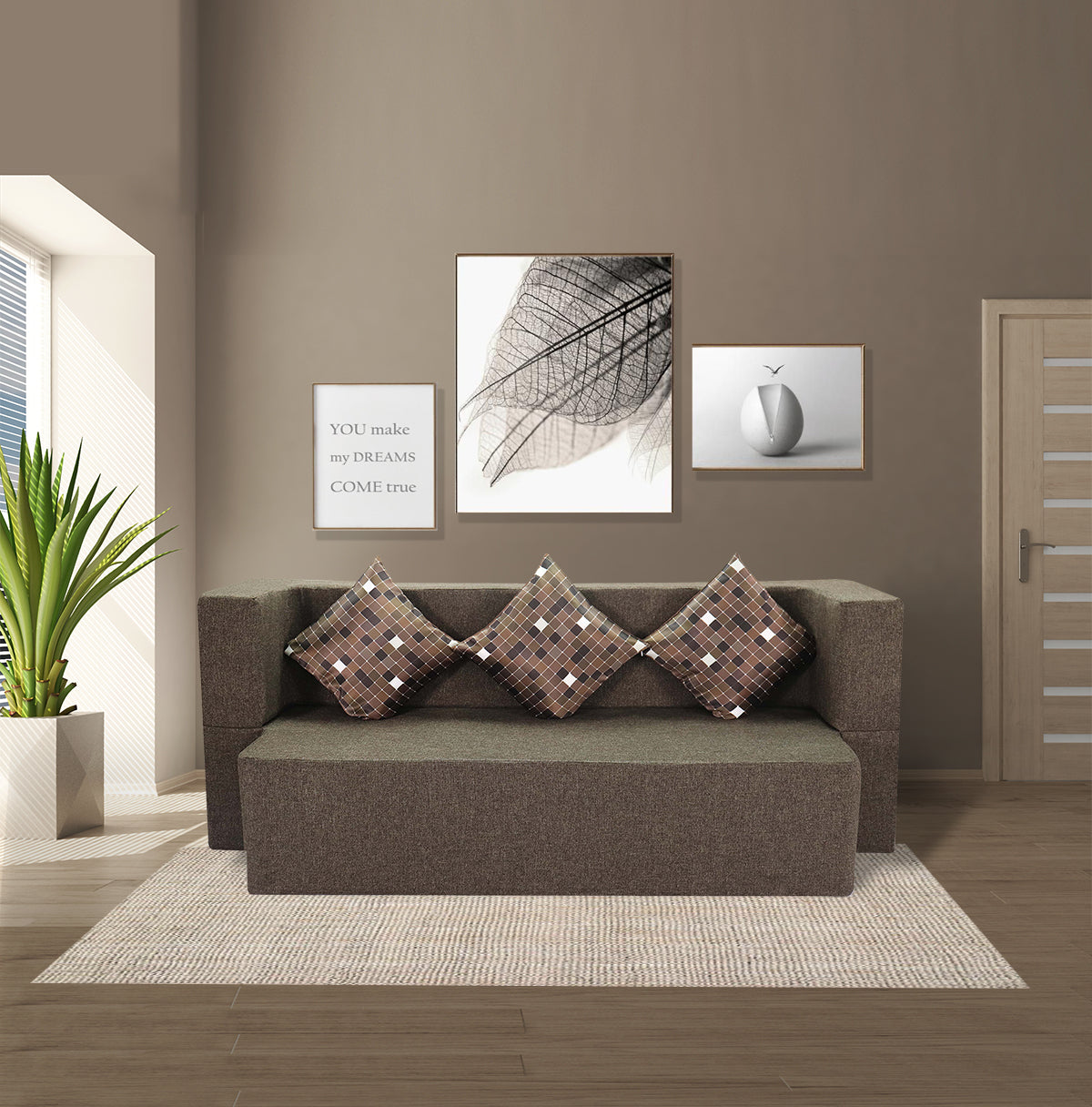 Flipper X Sofa Cum Bed - 3 Seater, Printed Cushion ( Jute Fabric, Brown )