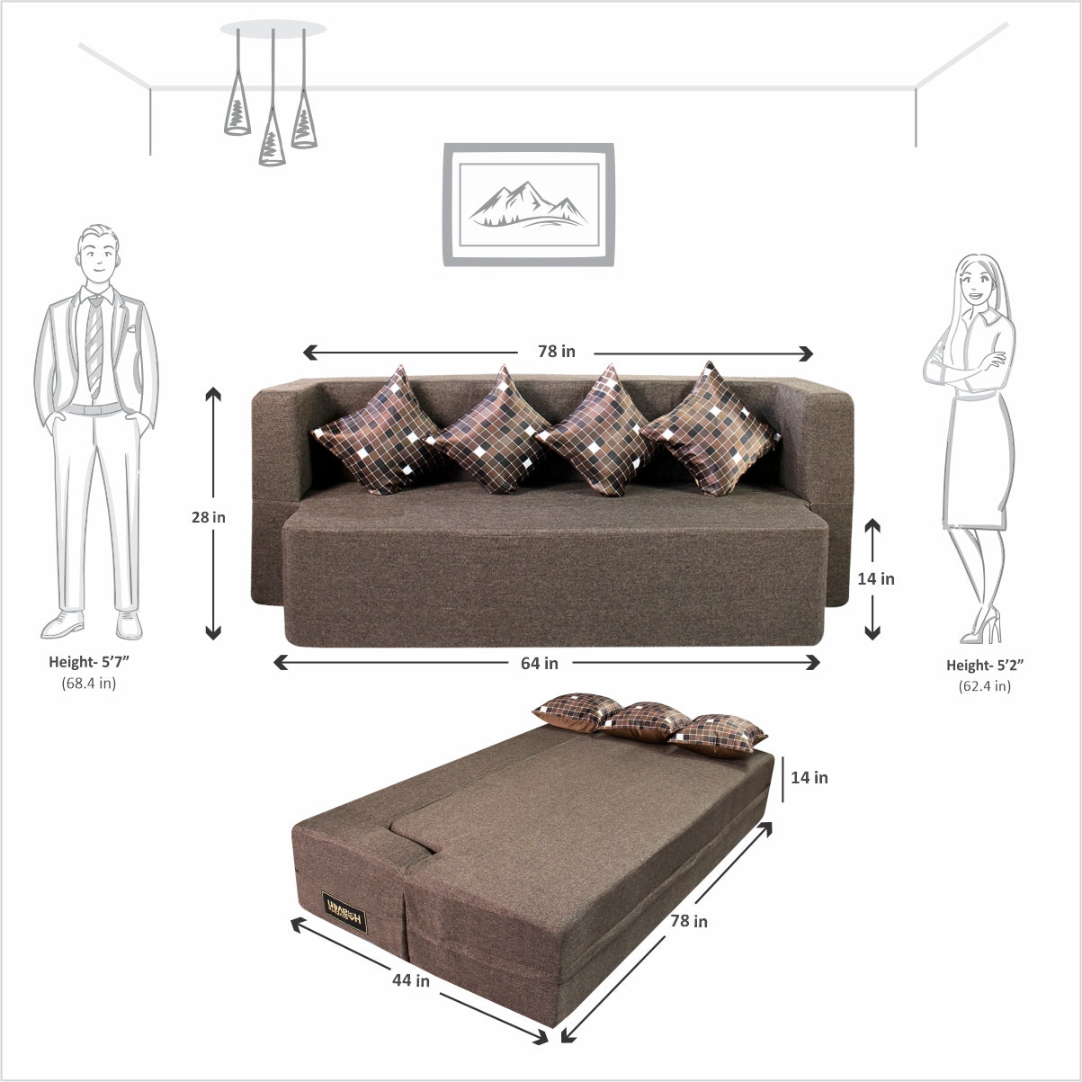 Flipper X Sofa Cum Bed - 4  Seater, Printed Cushion ( Jute Fabric, Brown )