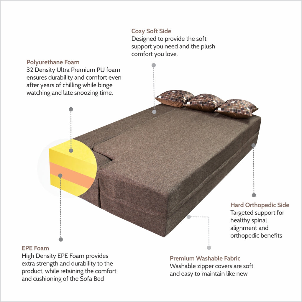 Flipper X Sofa Cum Bed - 4  Seater, Printed Cushion ( Jute Fabric, Brown )