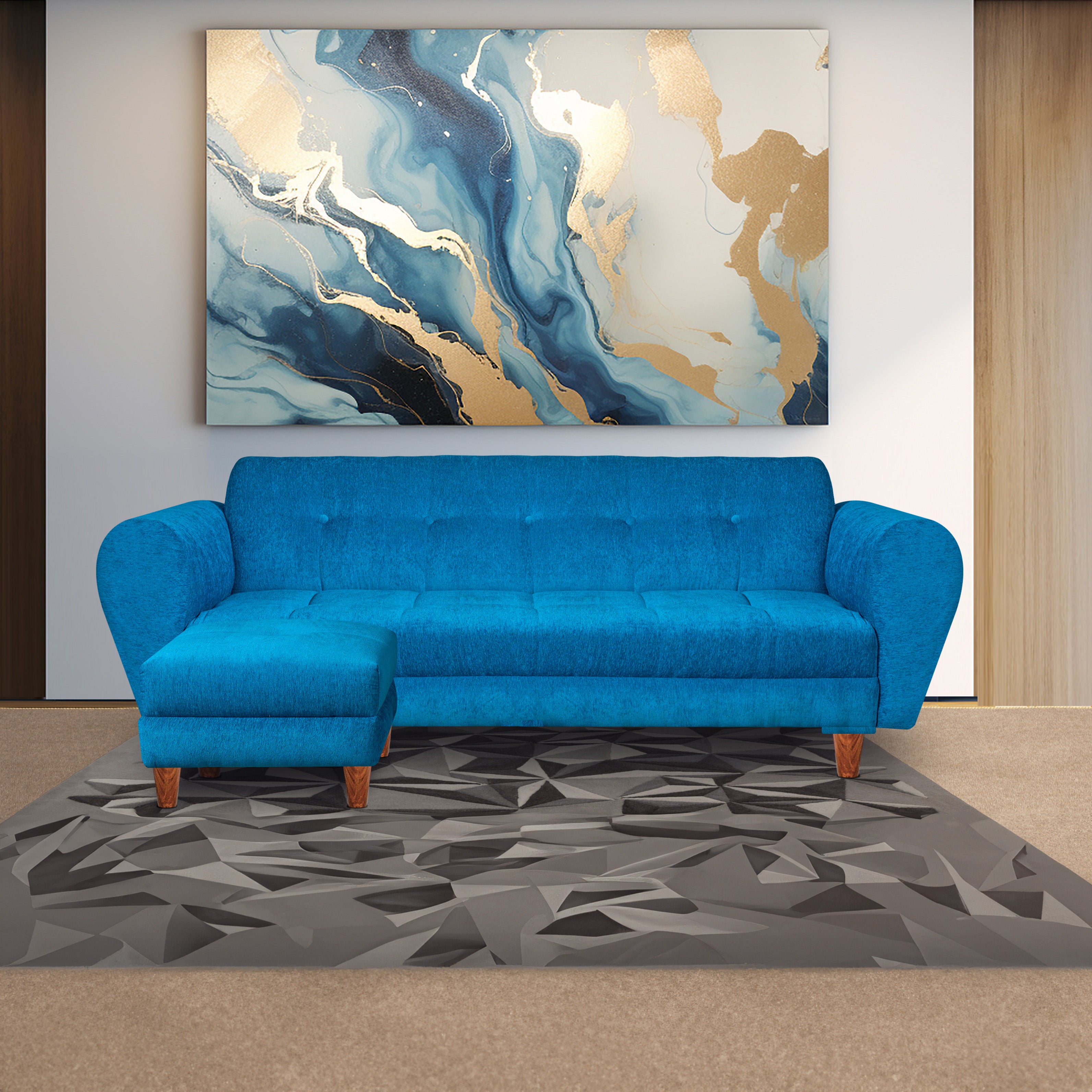 Milan 4 Seater with Ottoman- ( Premium Molfino Fabric- Sky Blue )