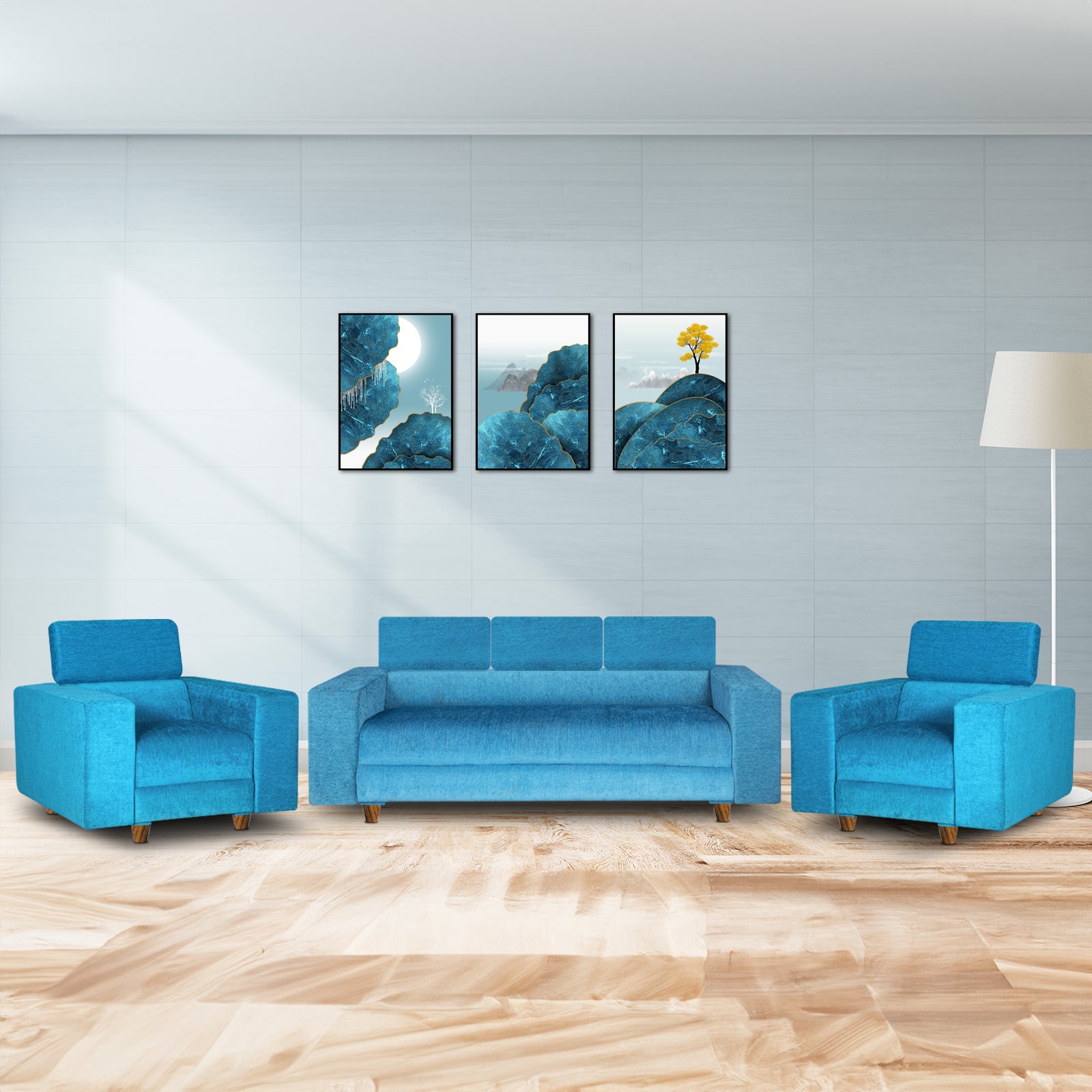 Berlin (3+1+1) Seater Sofa- ( Premium Molfino Fabric- Sky Blue )