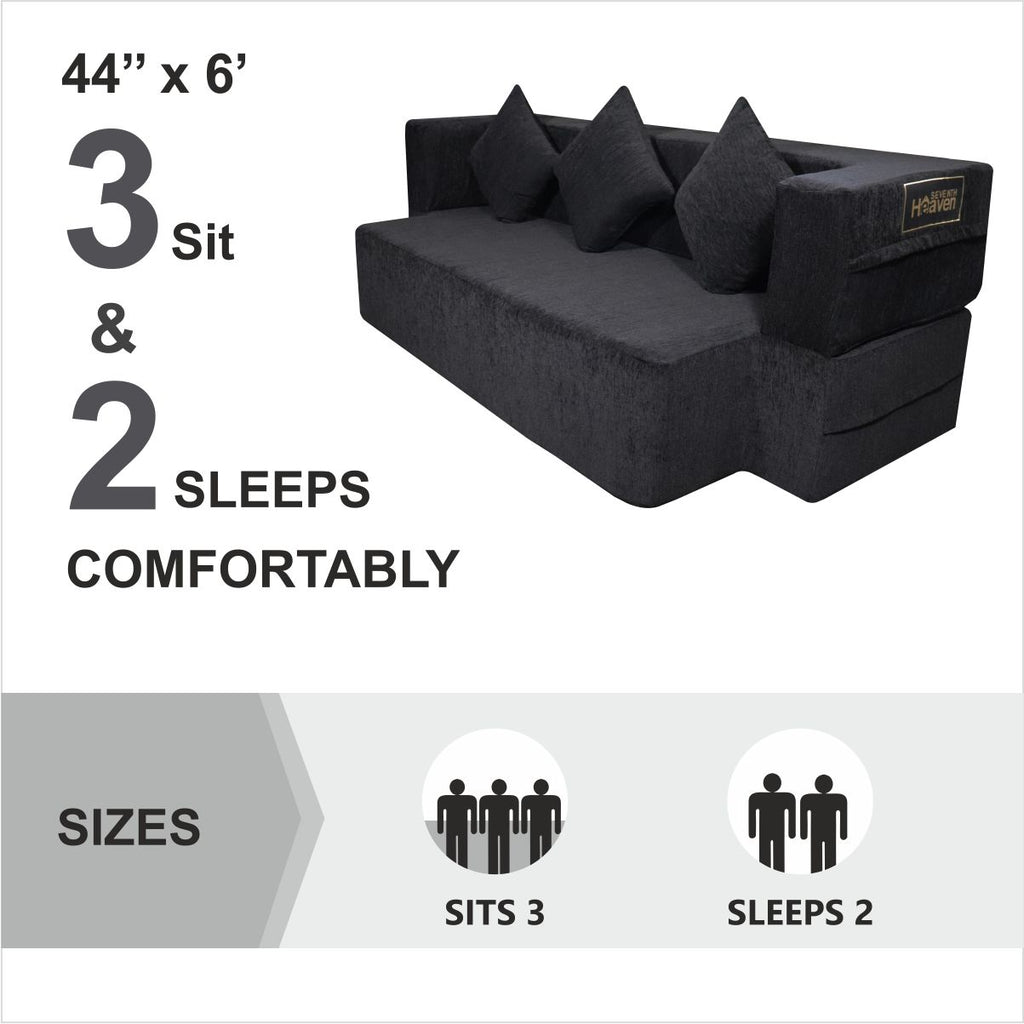 Flipper X Sofa Cum Bed (Memory Foam)- 3 Seater, Plain Cushions (Premium Molfino Fabric-  Black )