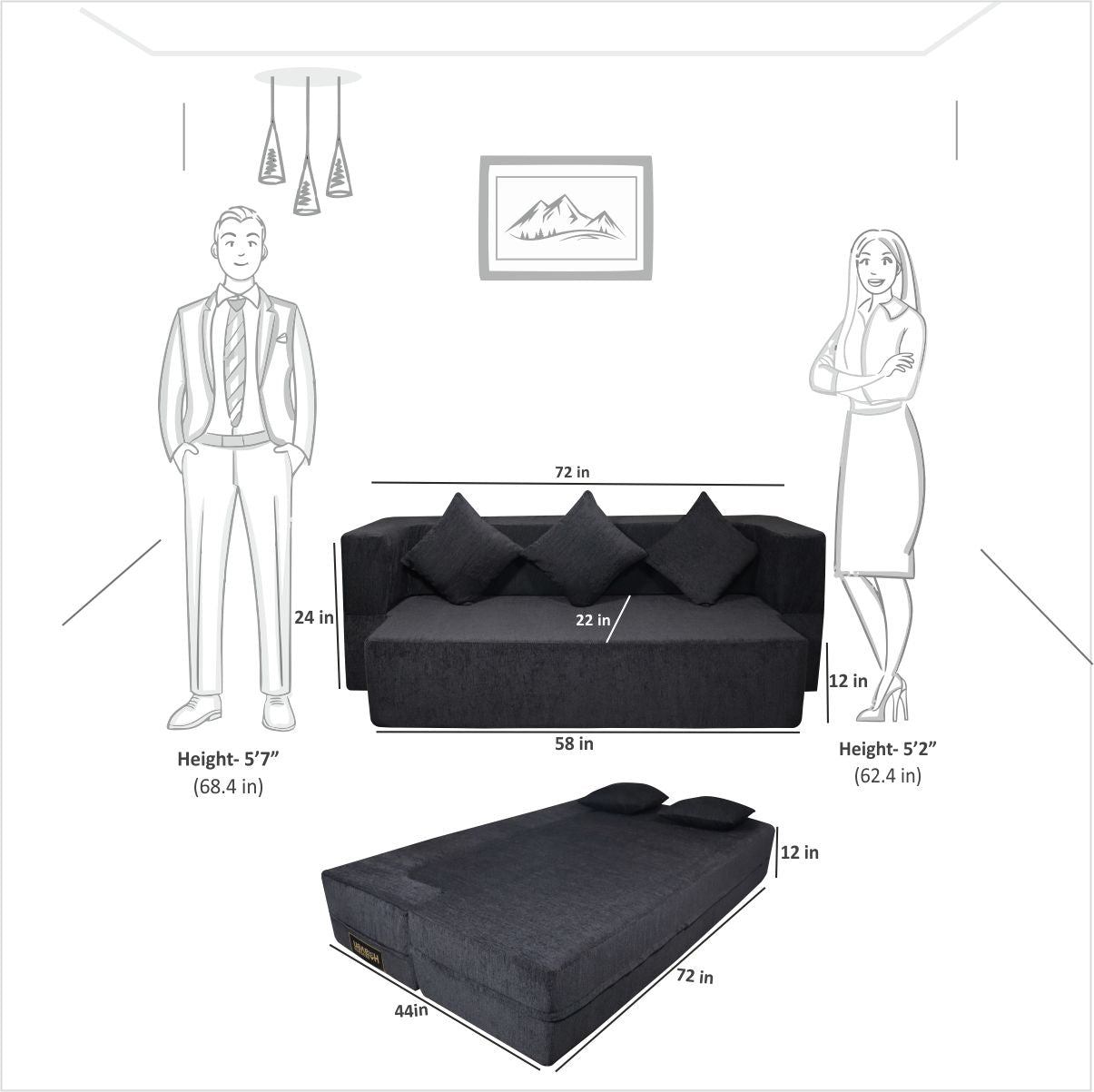 Flipper X Sofa Cum Bed (Memory Foam)- 3 Seater, Plain Cushions (Premium Molfino Fabric-  Black )