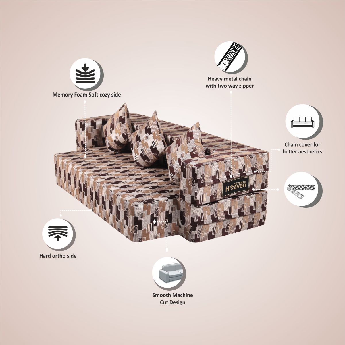 Flipper X Sofa Cum Bed (Memory Foam)- 3 Seater, Plain Cushions (Premium Molfino Fabric- Brown& Grey )