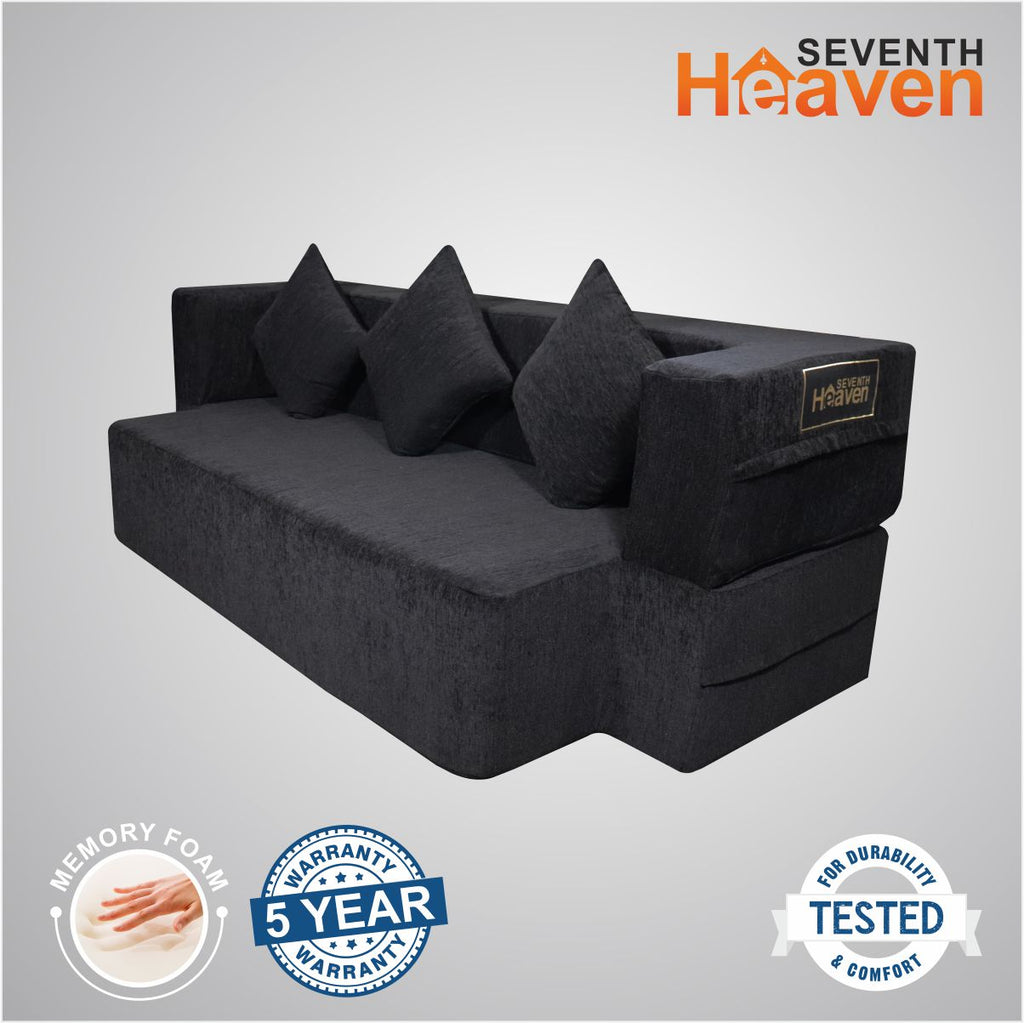 Flipper X Sofa Cum Bed (Memory Foam)- 3 Seater, Plain Cushions (Premium Molfino Fabric-  Black )