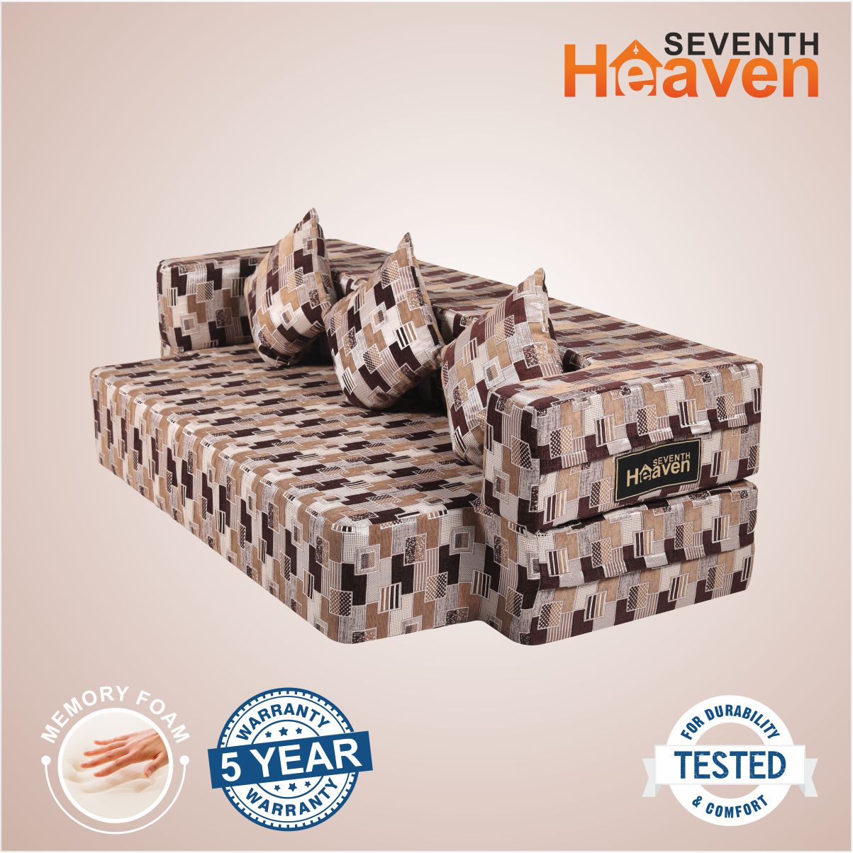 Flipper X Sofa Cum Bed (Memory Foam)- 3 Seater, Plain Cushions (Premium Molfino Fabric- Brown& Grey )