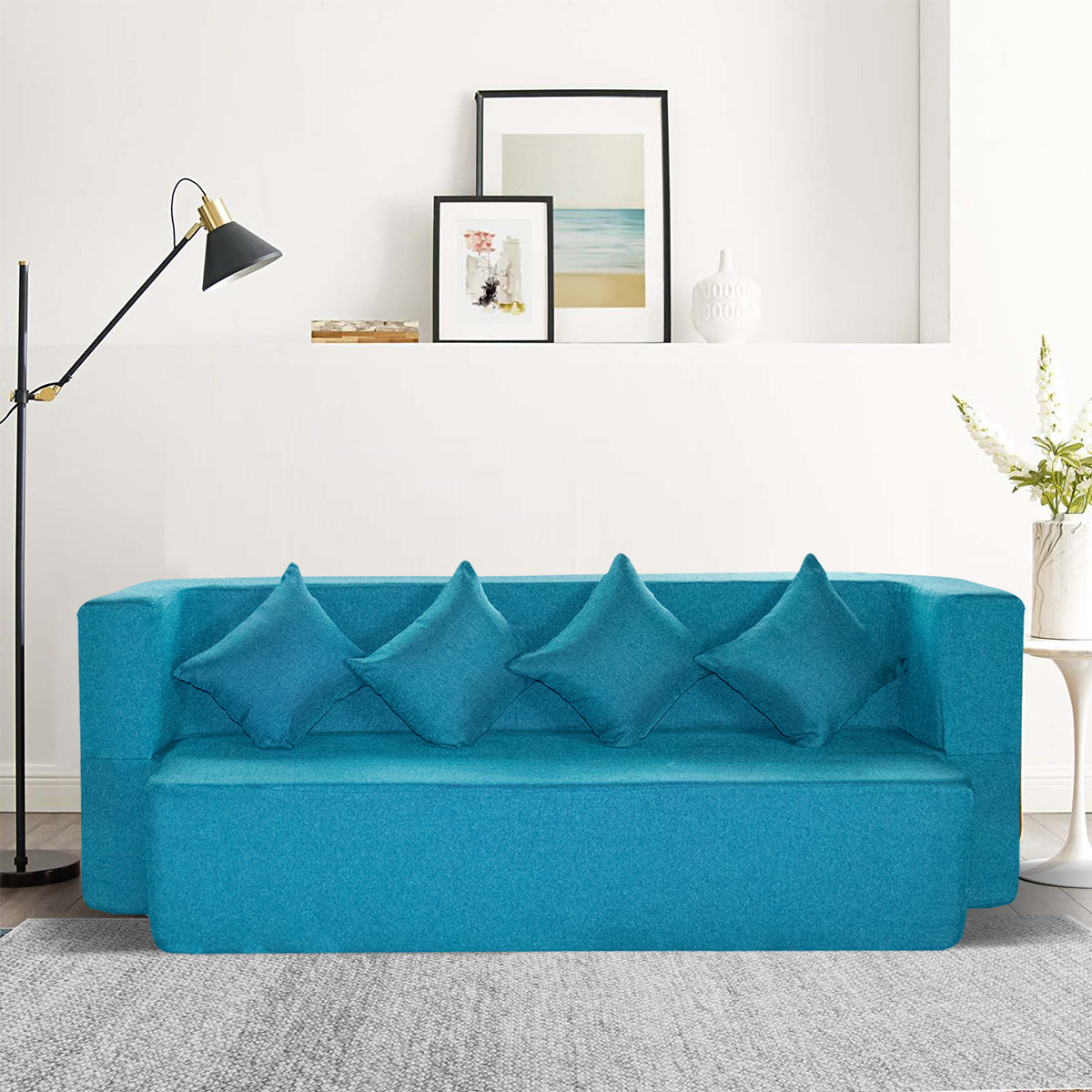 Cover of Blue Jute Fabric (78"x44"x14") FlipperX Sofa cum Bed with 4 Plain Cushion Covers