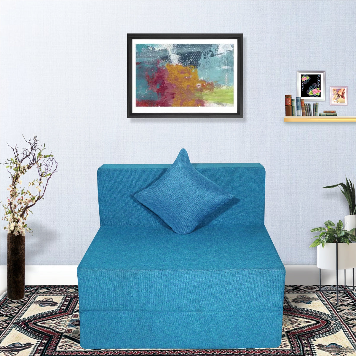 Sky Blue Jute Fabric 6'×3' Sofa cum Bed with 1 Cushion