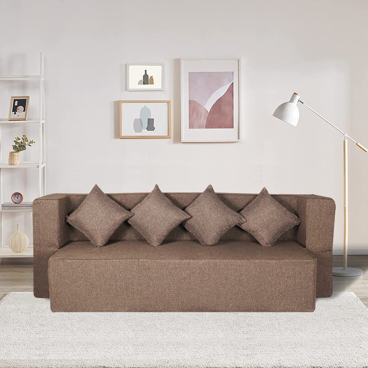 Brown Jute Fabric (78"x36"x14") FlipperX Sofa cum Bed with 4 Same Cushions