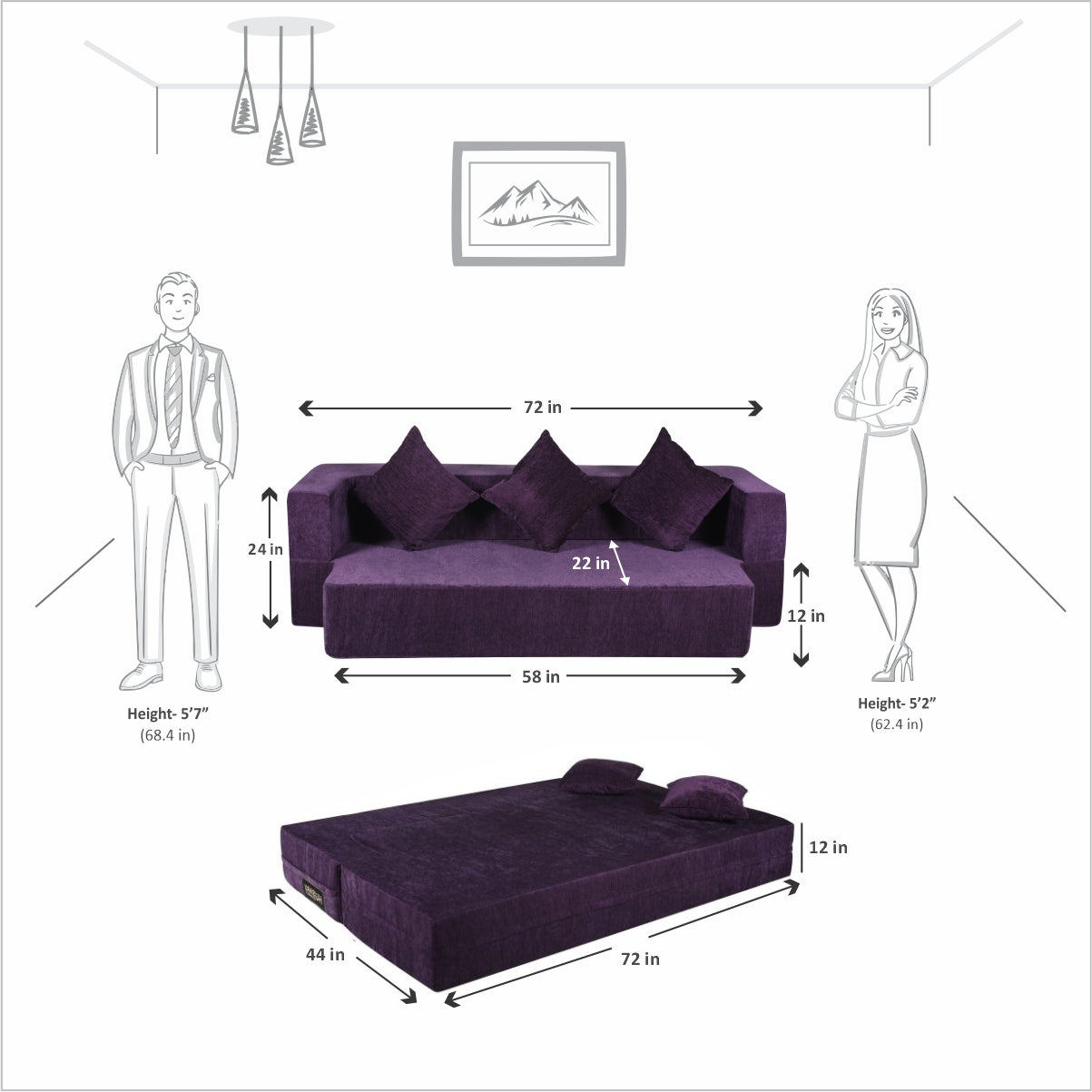 Memory Foam (72"x44"x12") Purple Molfino Fabric FlipperX Orthopedic Sofa Bed with 5 Years Warranty