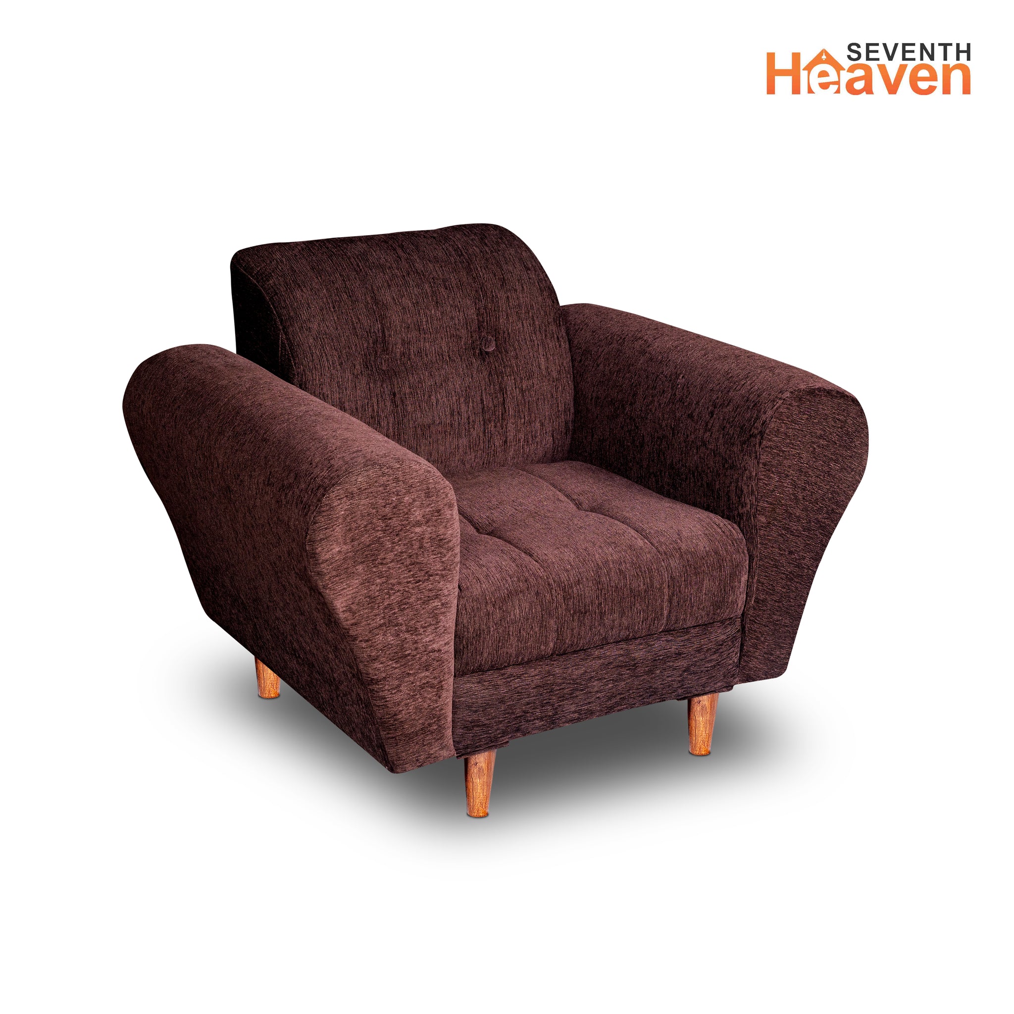 Seventh Heaven Milan 1 Seater Wooden Sofa Set Modern & Elegant Smart Furniture Range for luxurious homes, living rooms and offices. Brown Colour Molphino fabric with sheesham polished wooden legs.