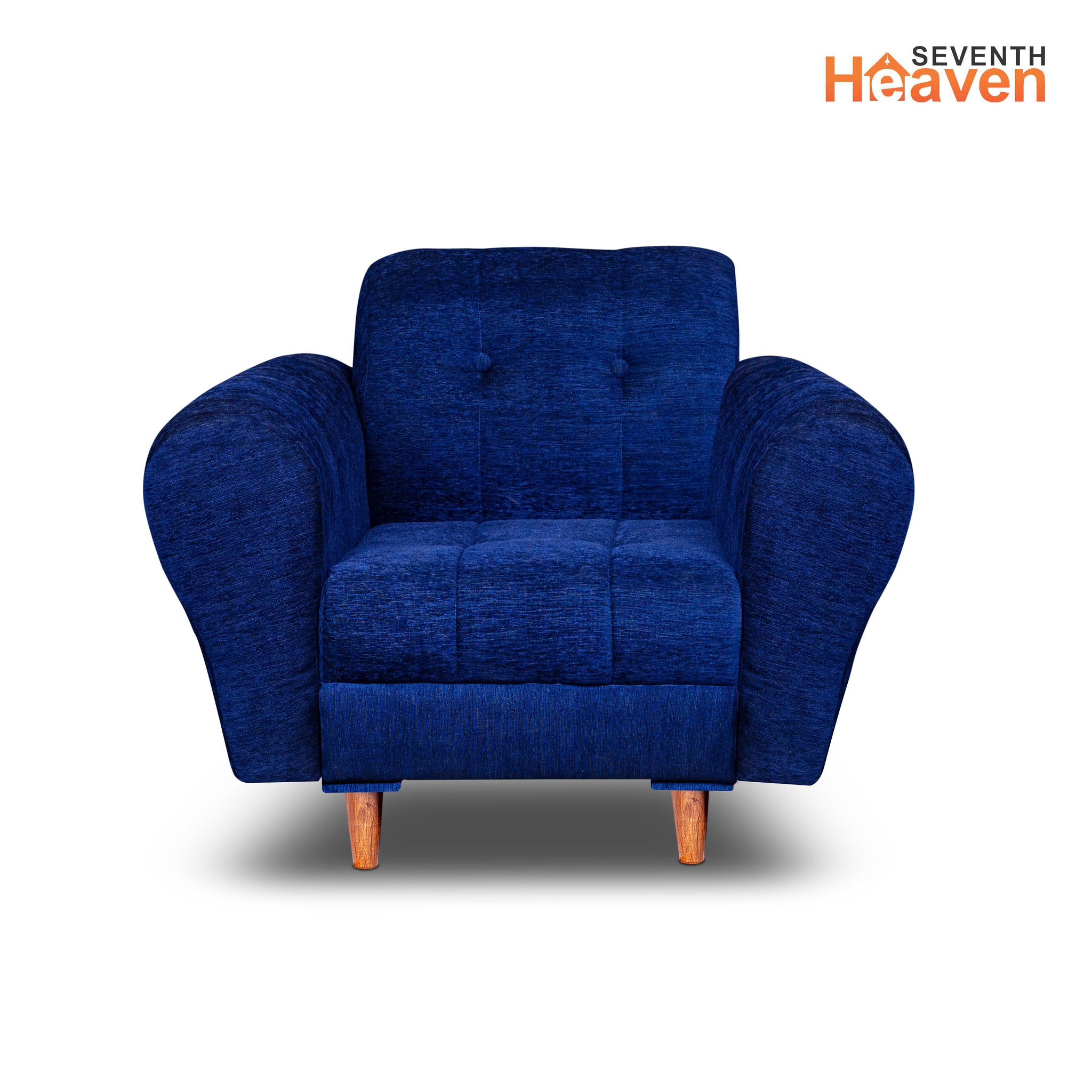 Seventh Heaven Milan 1 Seater Wooden Sofa Set Modern & Elegant Smart Furniture Range for luxurious homes, living rooms and offices. Blue Colour Molphino fabric with sheesham polished wooden legs.