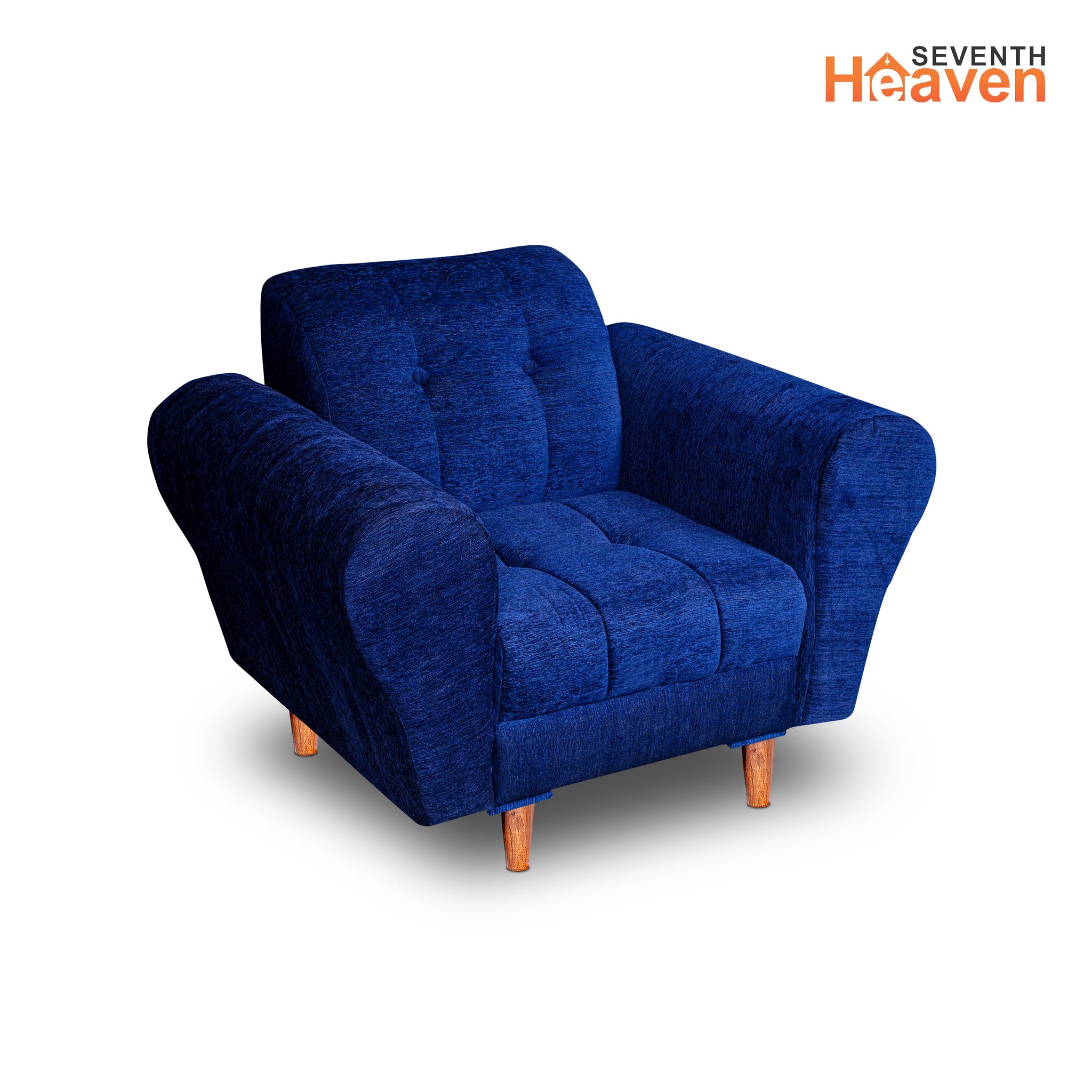 Seventh Heaven Milan 1 Seater Wooden Sofa Set Modern & Elegant Smart Furniture Range for luxurious homes, living rooms and offices. Blue Colour Molphino fabric with sheesham polished wooden legs.