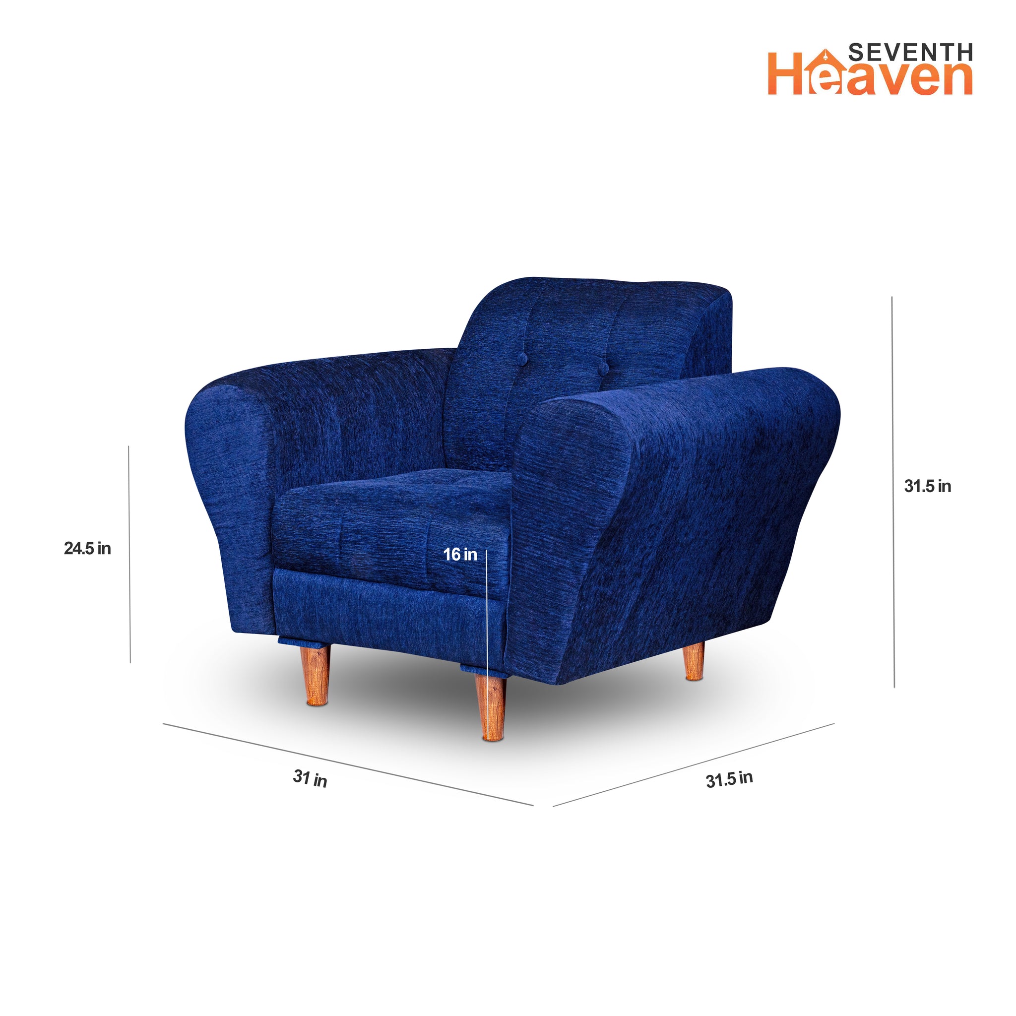 Seventh Heaven Milan 1 Seater Wooden Sofa Set Modern & Elegant Smart Furniture Range for luxurious homes, living rooms and offices. Blue Colour Molphino fabric with sheesham polished wooden legs.Product dimensions are also mentioned.