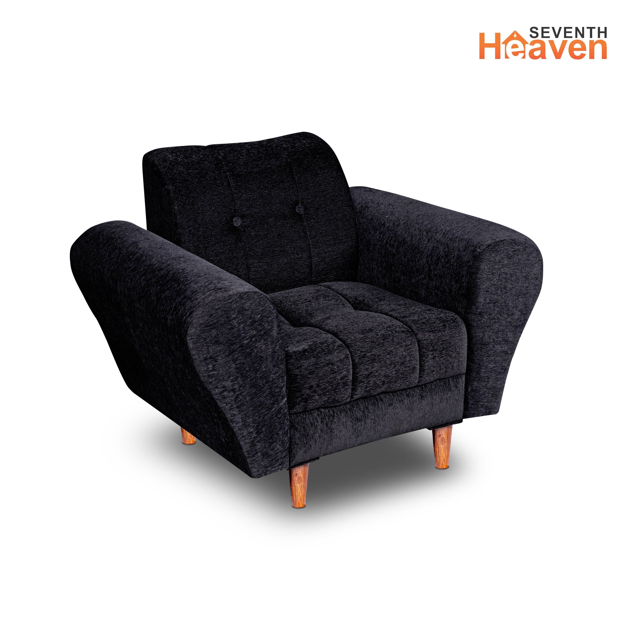 Seventh Heaven Milan 1 Seater Wooden Sofa Set Modern & Elegant Smart Furniture Range for luxurious homes, living rooms and offices. Black Colour Molphino fabric with sheesham polished wooden legs.