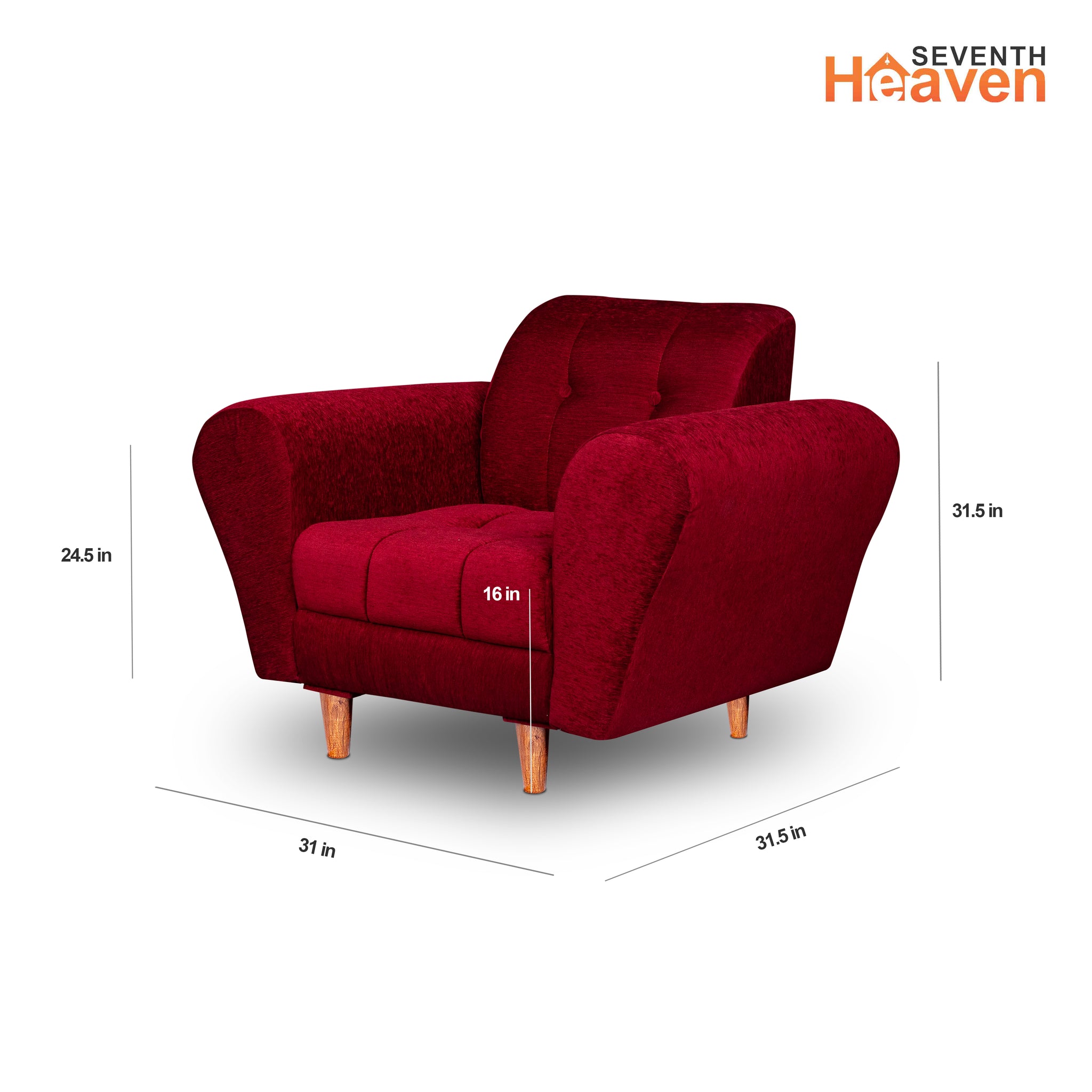 Seventh Heaven Milan 1 Seater Wooden Sofa Set Modern & Elegant Smart Furniture Range for luxurious homes, living rooms and offices. Maroon Colour Molphino fabric with sheesham polished wooden legs. Product dimensions are also mentioned.